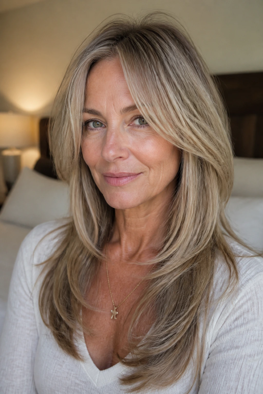 Close-up of a real woman with a butterfly cut featuring long, face-framing layers on fine hair in warm window light.