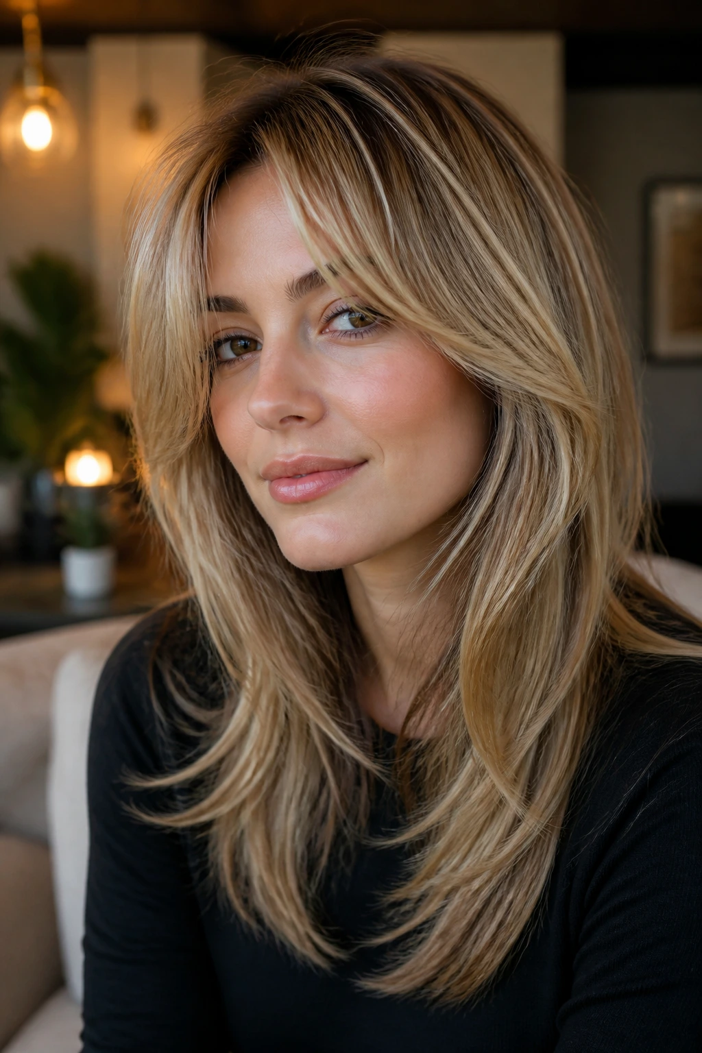 Close-up of a real woman with a light butterfly cut around the cheekbones
