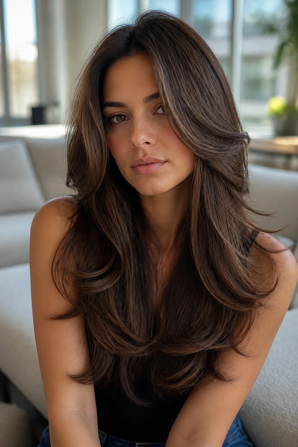 Woman with butterfly cut featuring long cascading ends