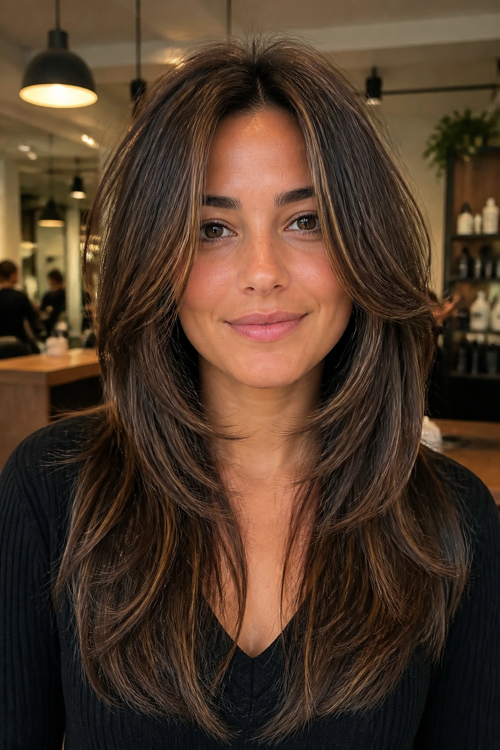 Portrait of woman with butterfly cut featuring short top layers and long ends