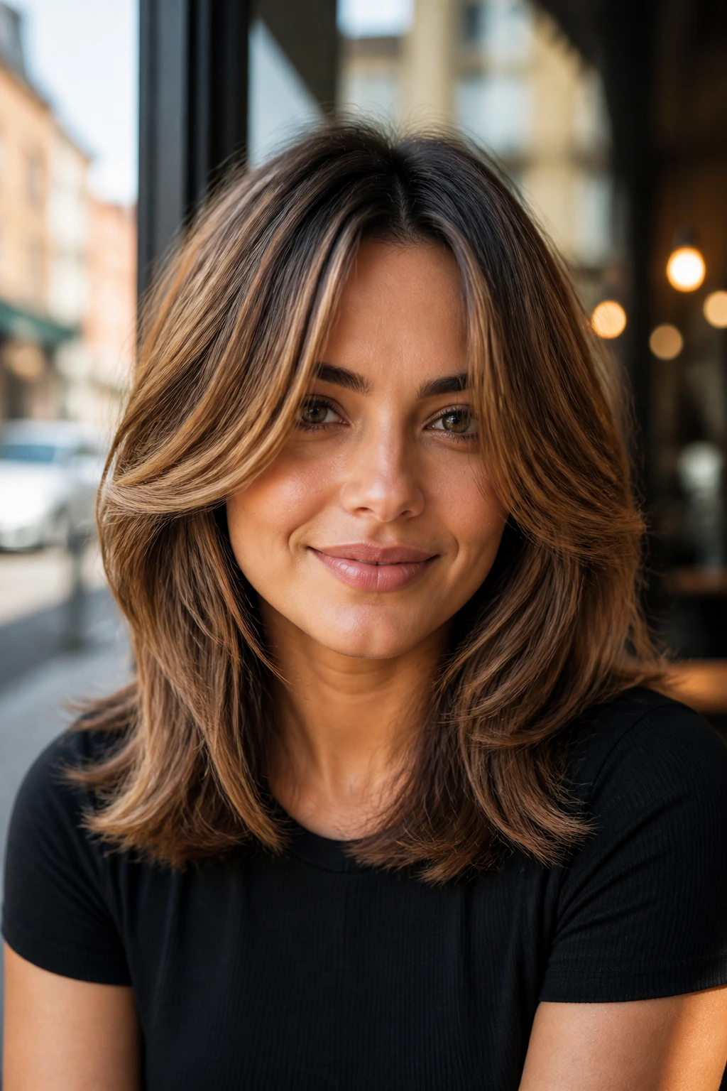 Close-up of a woman with butterfly cut showcasing lifted crown with caramel highlights