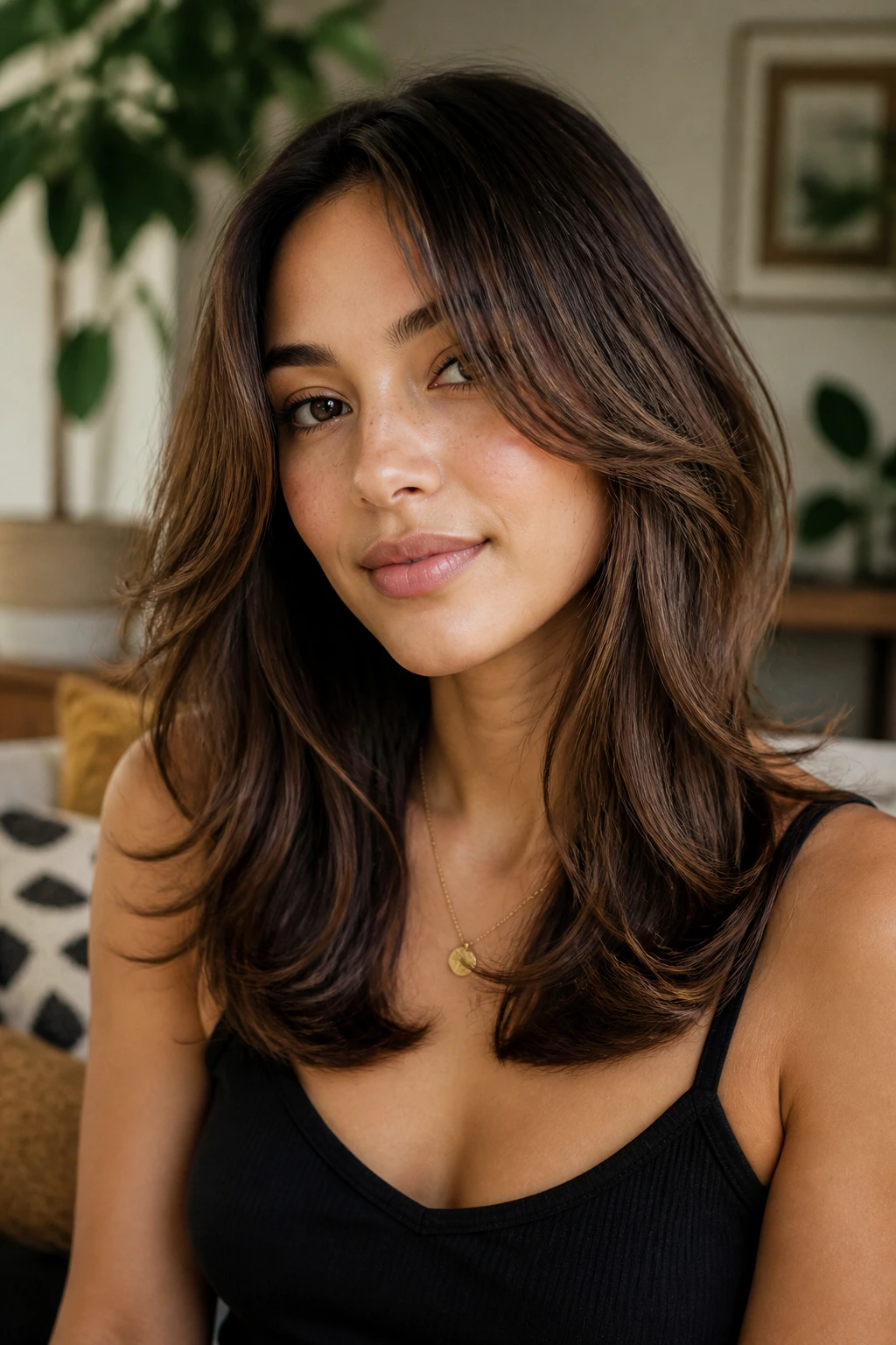 Close-up portrait of a real woman with a butterfly cut at mid-length, showing volume at the top and a solid lower length.