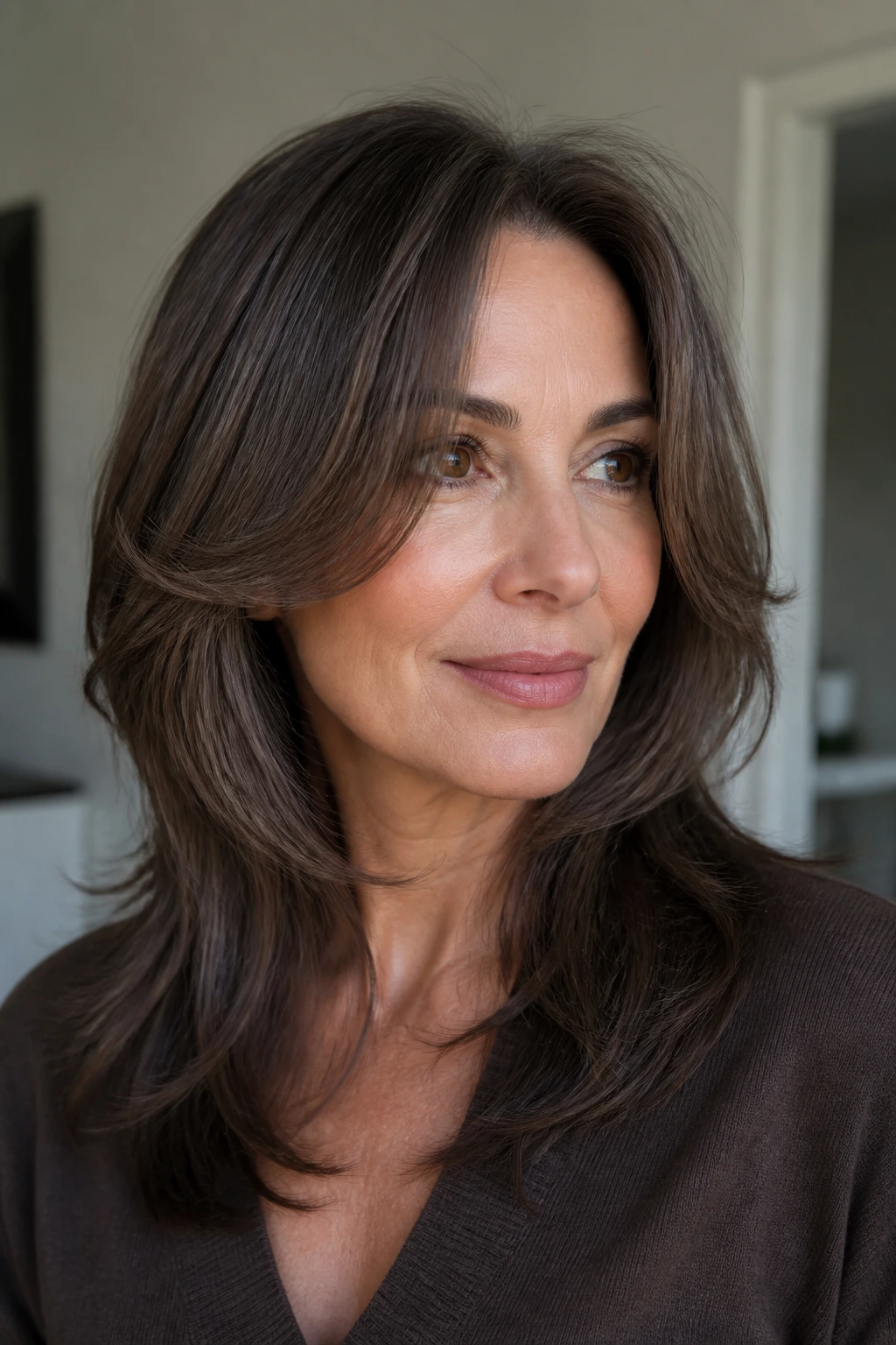 Close-up portrait of a real woman with mink-brown butterfly cut and soft face framing