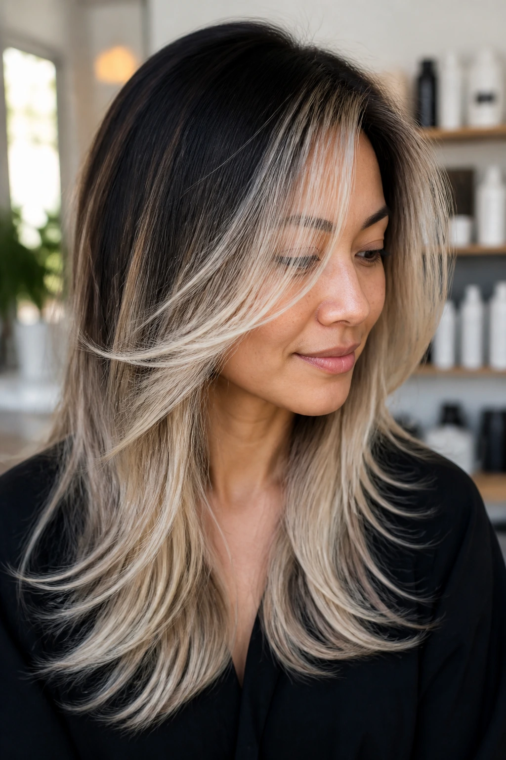 Close-up of a real woman with butterfly cut and airy platinum balayage in a sunlit salon