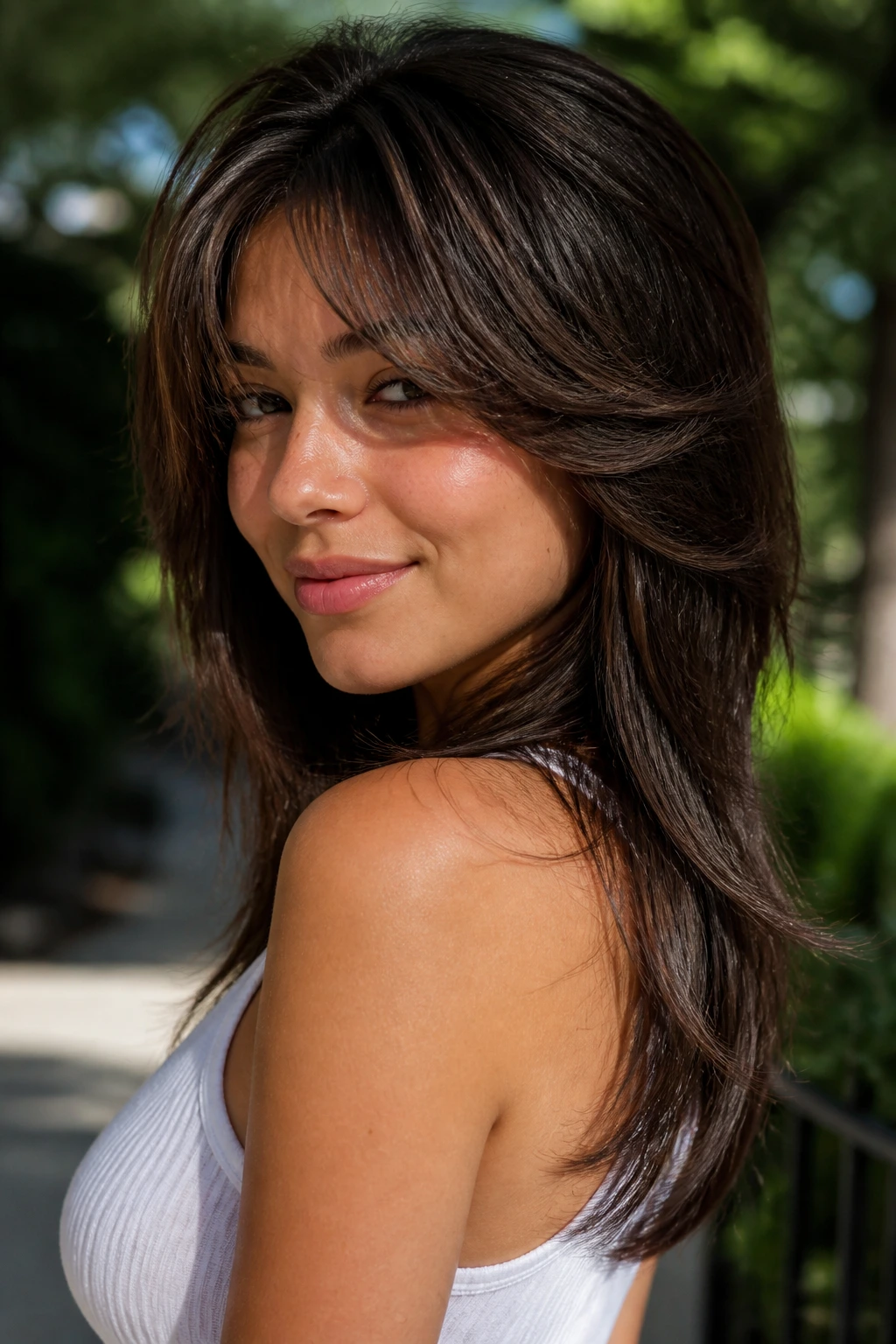 Portrait of a woman with butterfly cut showing short crown layers