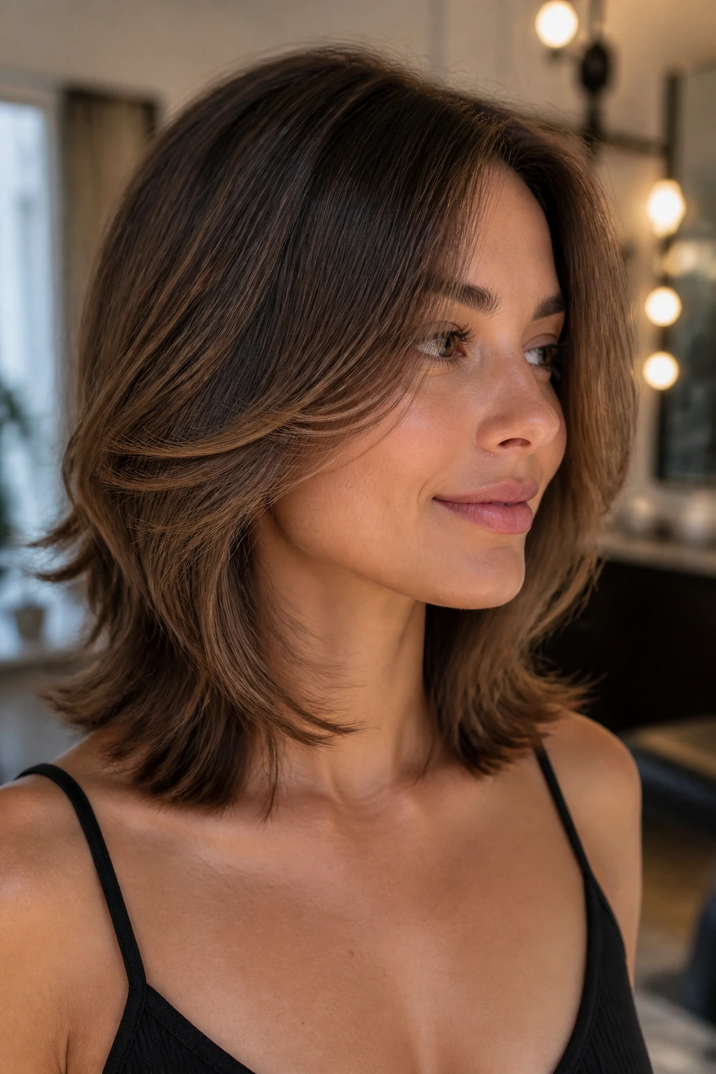 Close-up of a real woman with a shallow butterfly cut around the face.