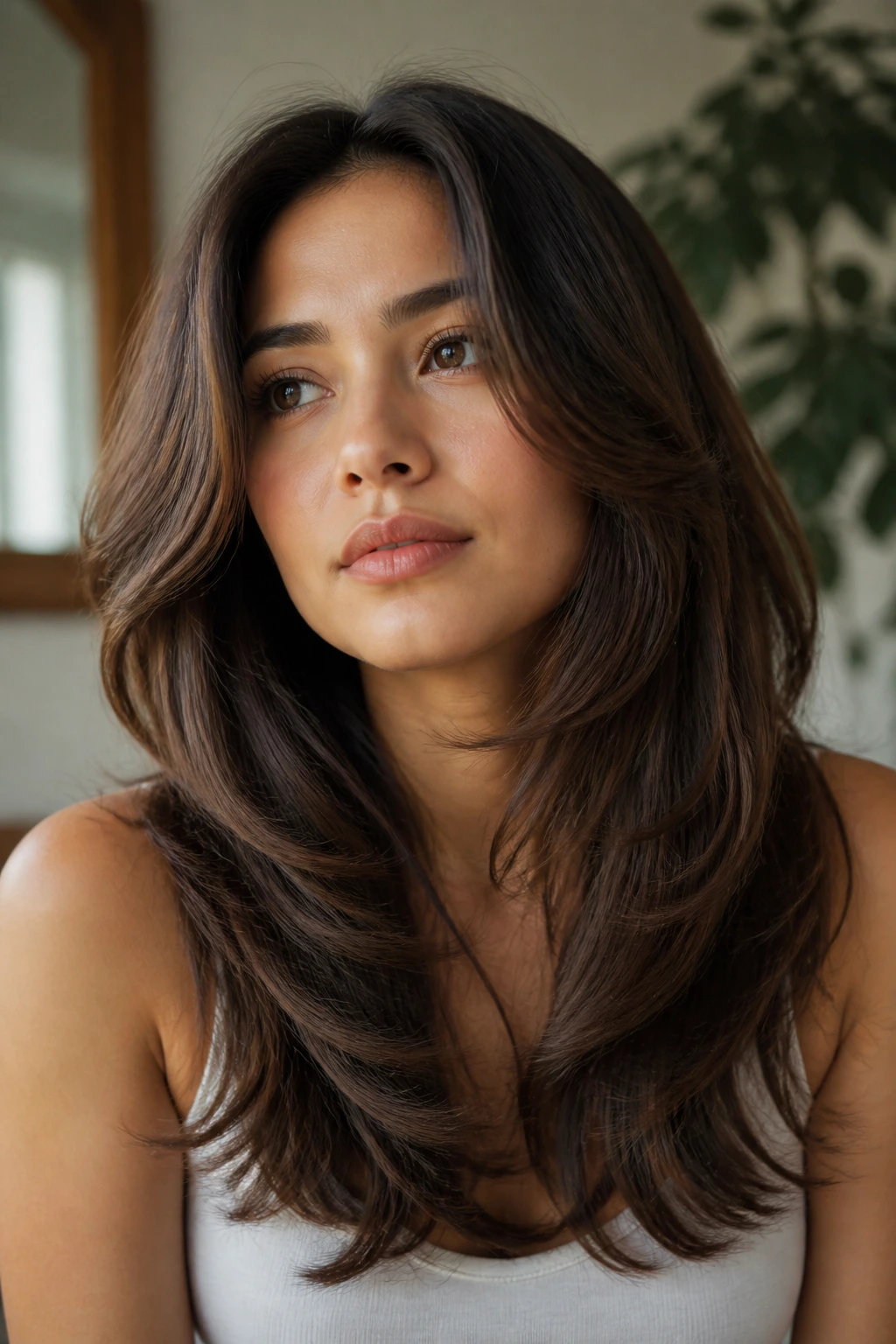 Portrait of a woman with butterfly cut and soft flip on the ends.