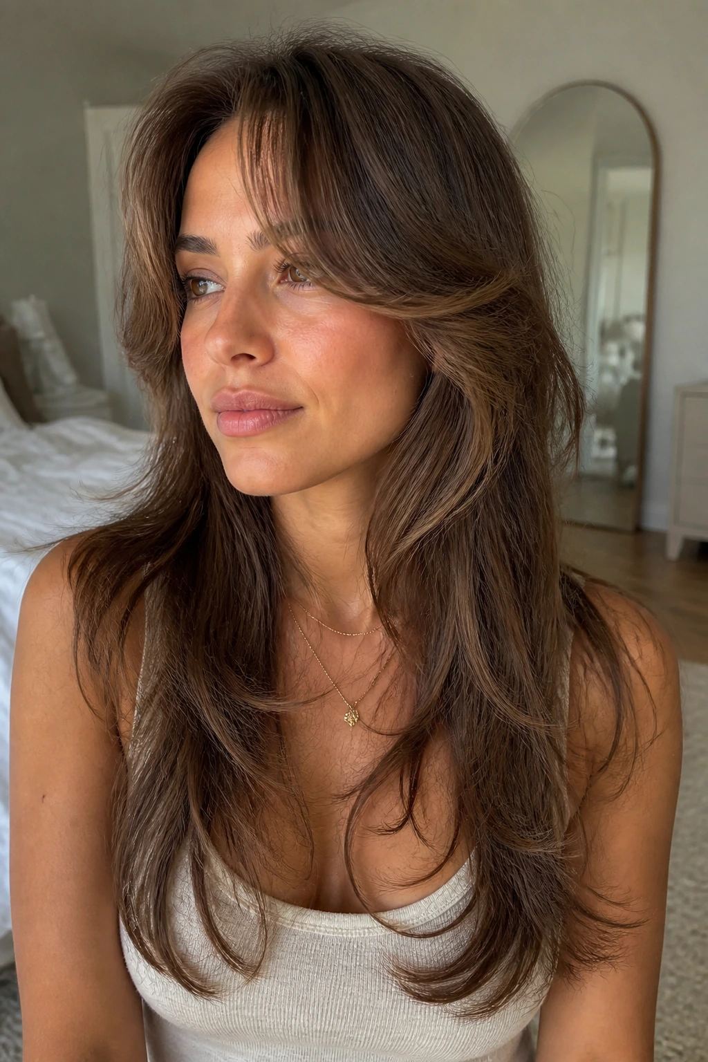 Close-up of butterfly cut with sweeping fringe on a real woman