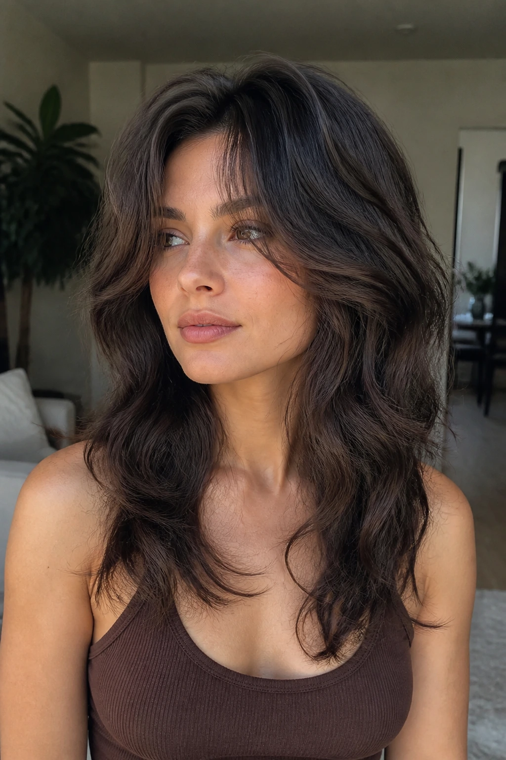 Woman with butterfly cut showing crown lift and long back