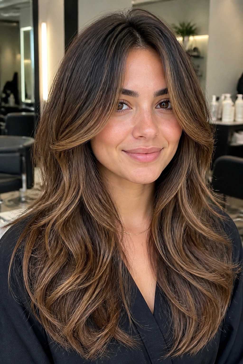 Portrait of a real woman with soft butterfly cut waves and toffee babylights