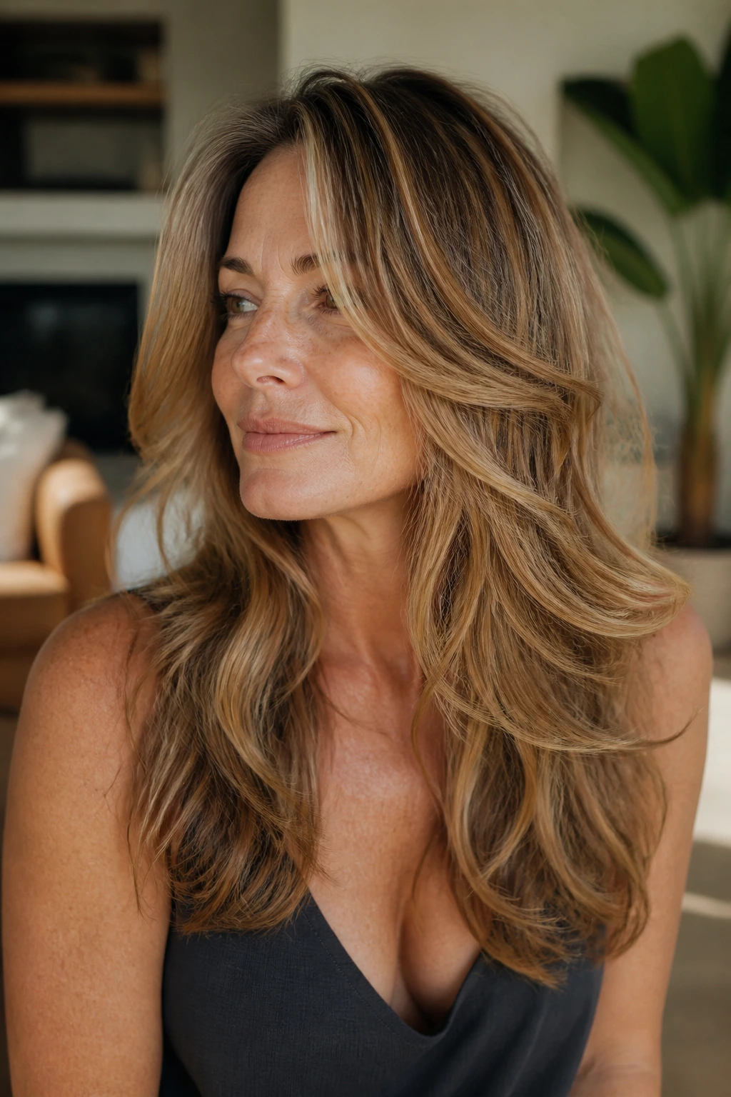 Close-up of a real woman with a butterfly cut and wavy length.