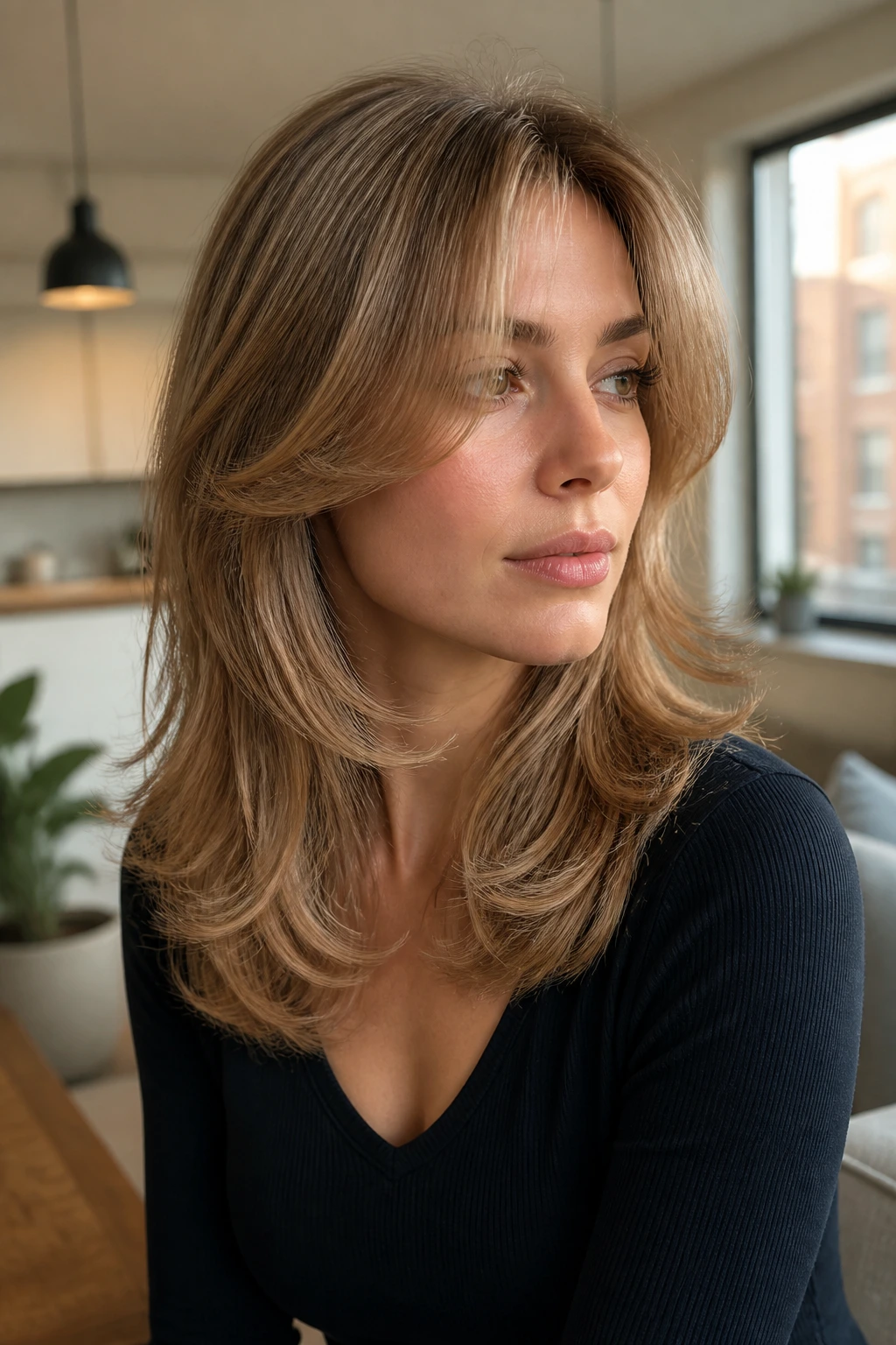 Three-quarter view of real woman with light butterfly cut lifted front layers