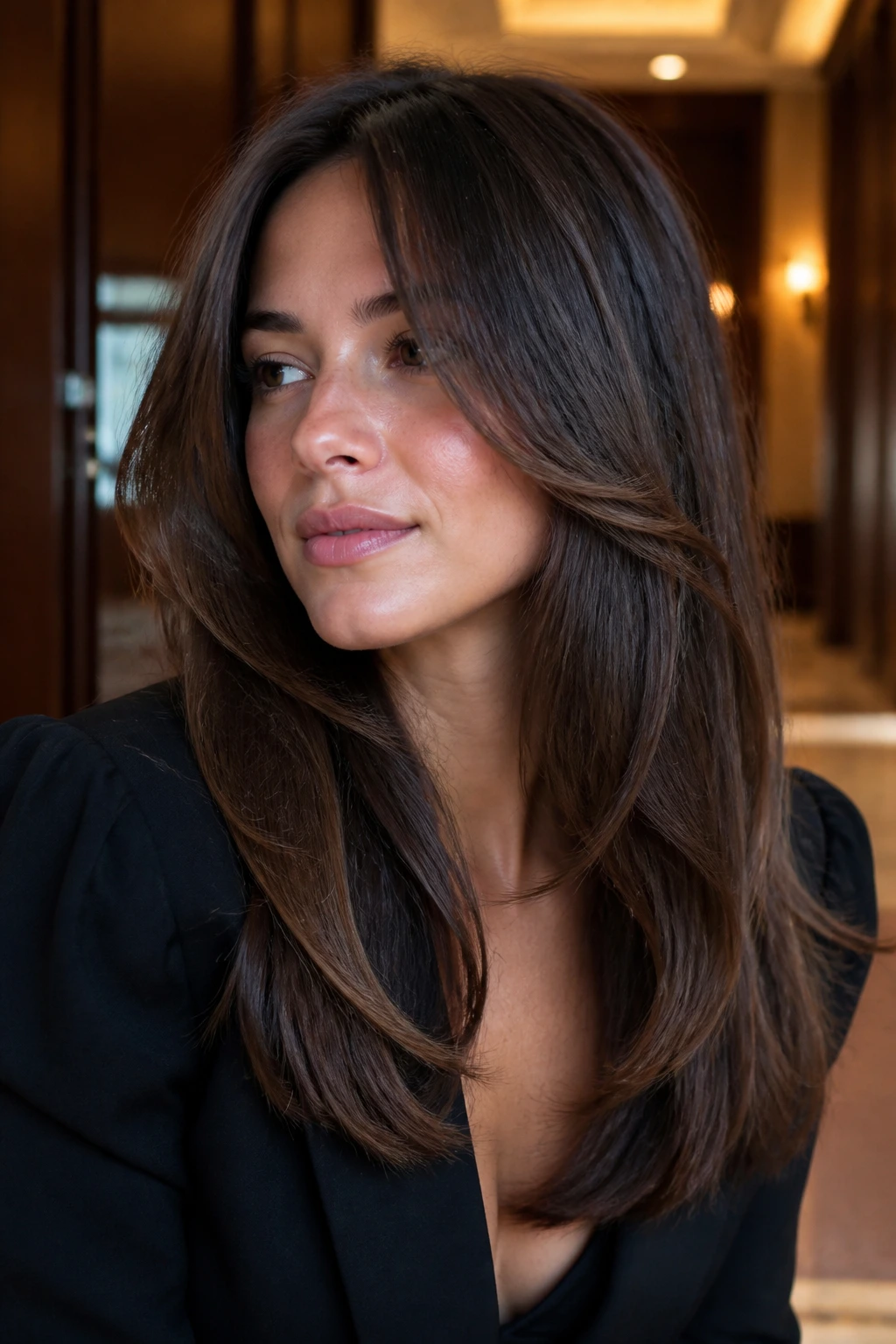 Portrait of a real woman with long butterfly face-framing layers below the cheekbone.