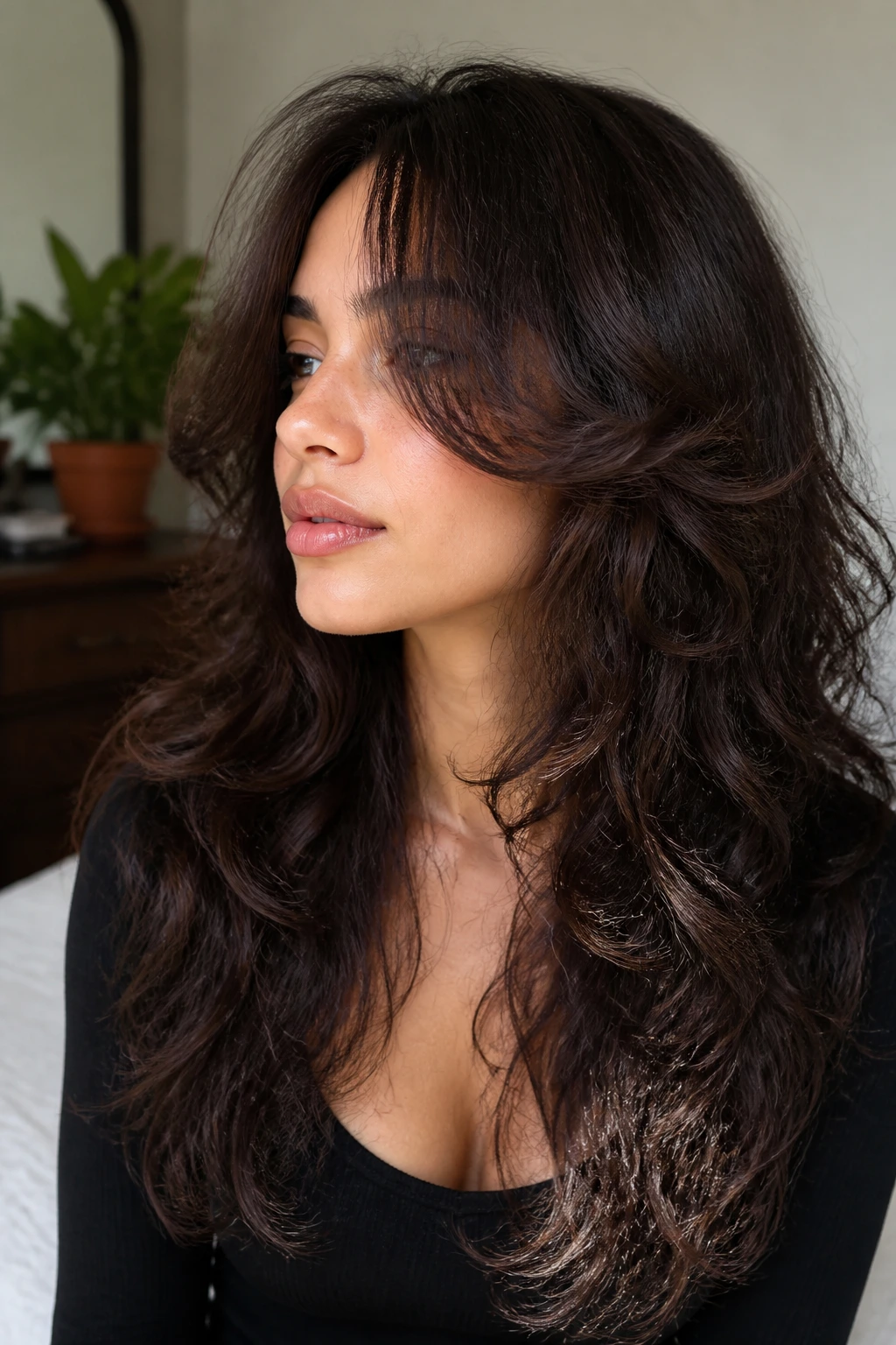Close-up of a person with butterfly face-framing layers
