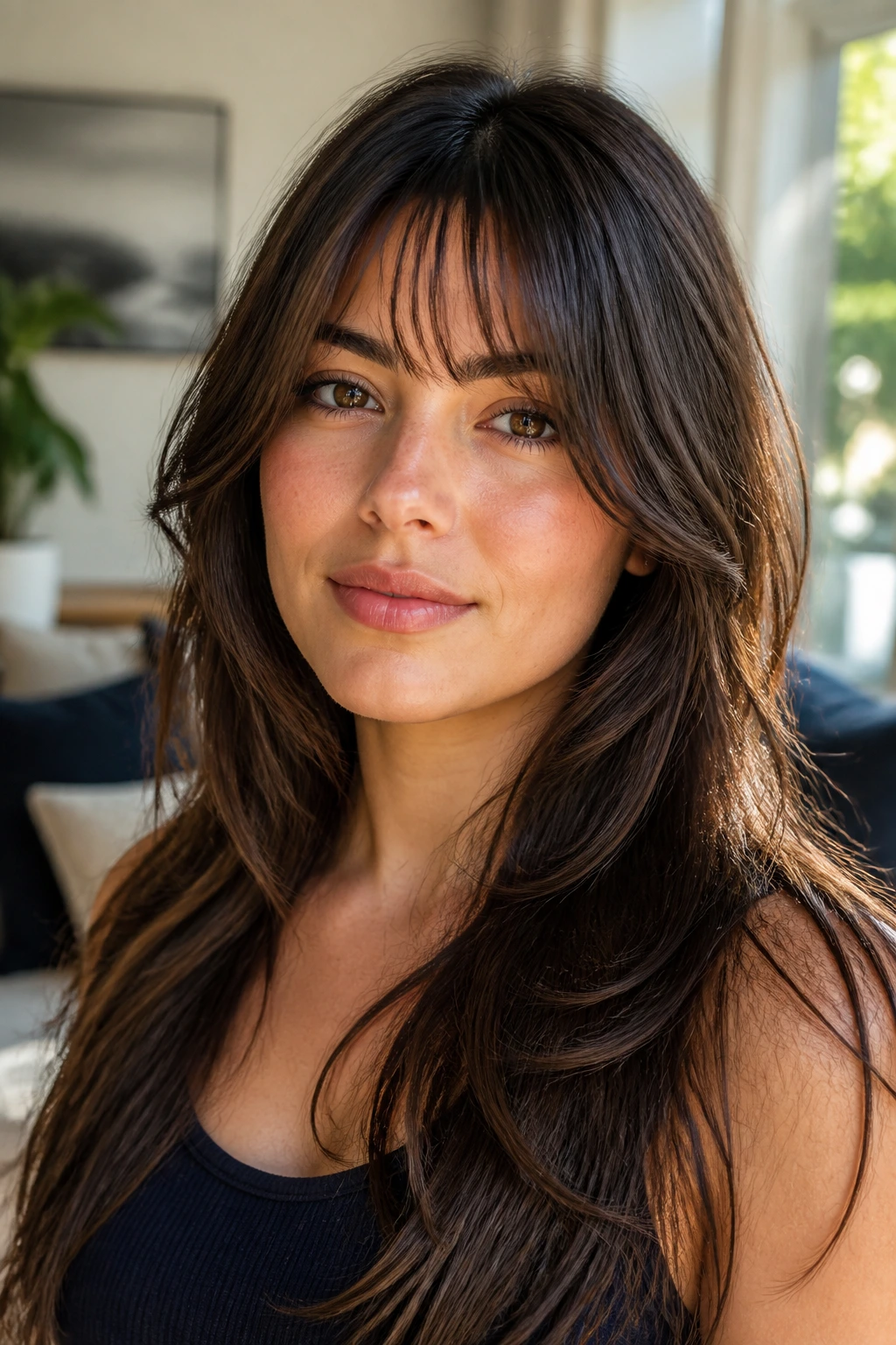Close-up portrait of a woman with butterfly-cut fringe blend and long hair in a sunlit living room