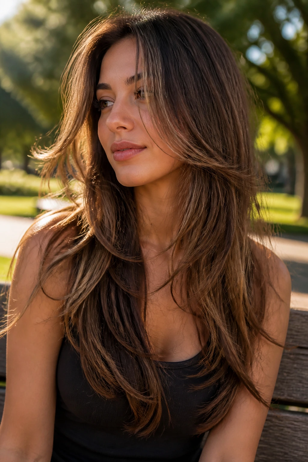 Close-up portrait of a real woman with butterfly front layers lifting around the cheekbone.