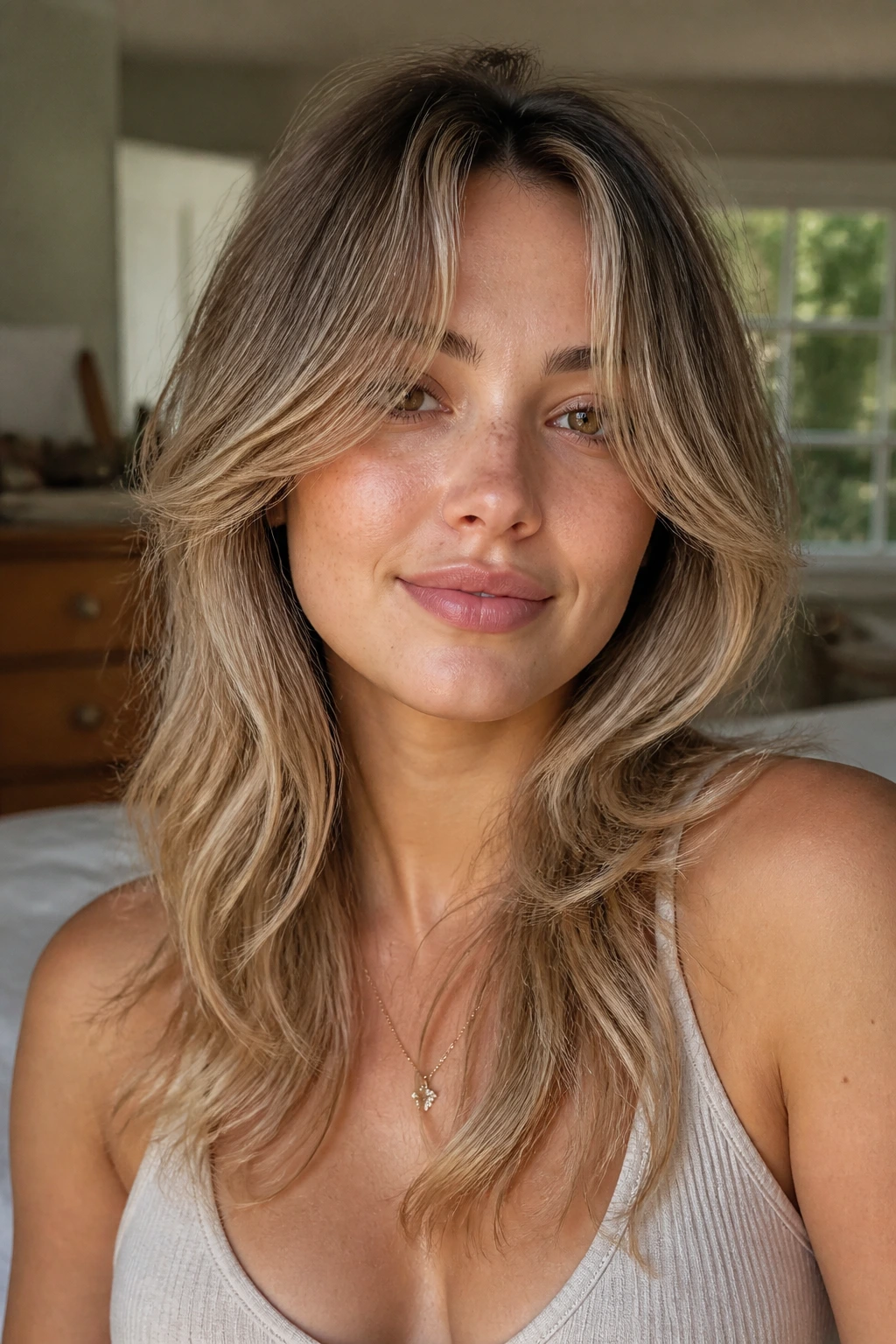 Portrait highlighting butterfly haircut variations with soft layers and curtain bangs