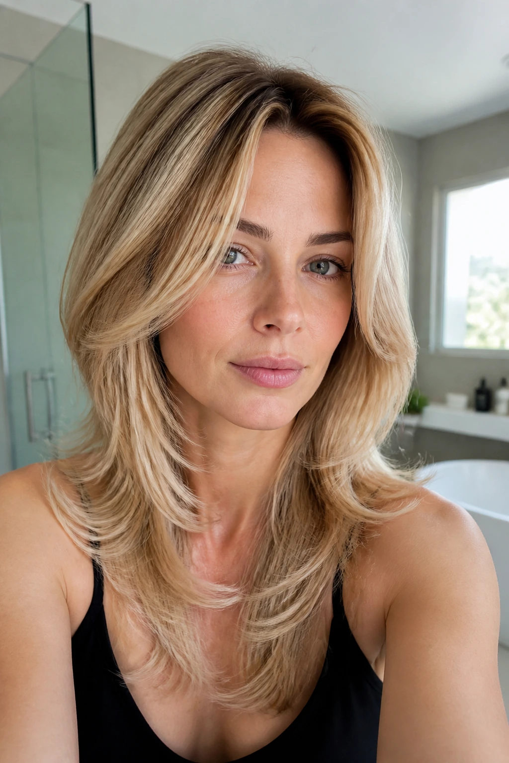 Portrait showing butterfly haircut shape and defined hemline between trims