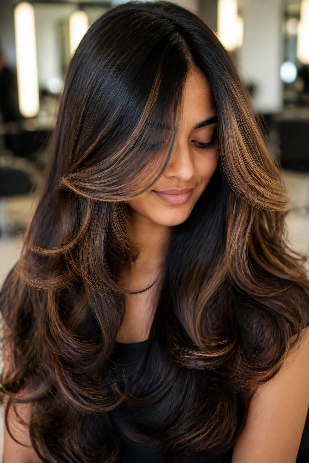 Close-up of thick hair with butterfly cut highlights moving with layered layers