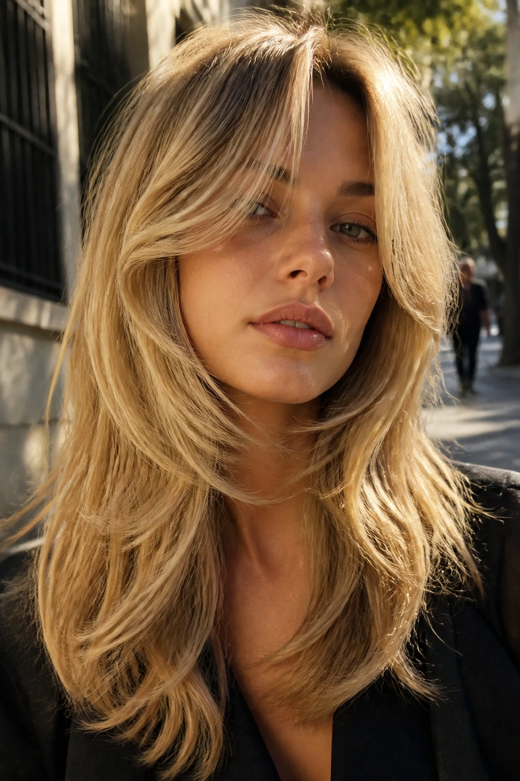 Portrait of a woman with butterfly-layer blonde shag
