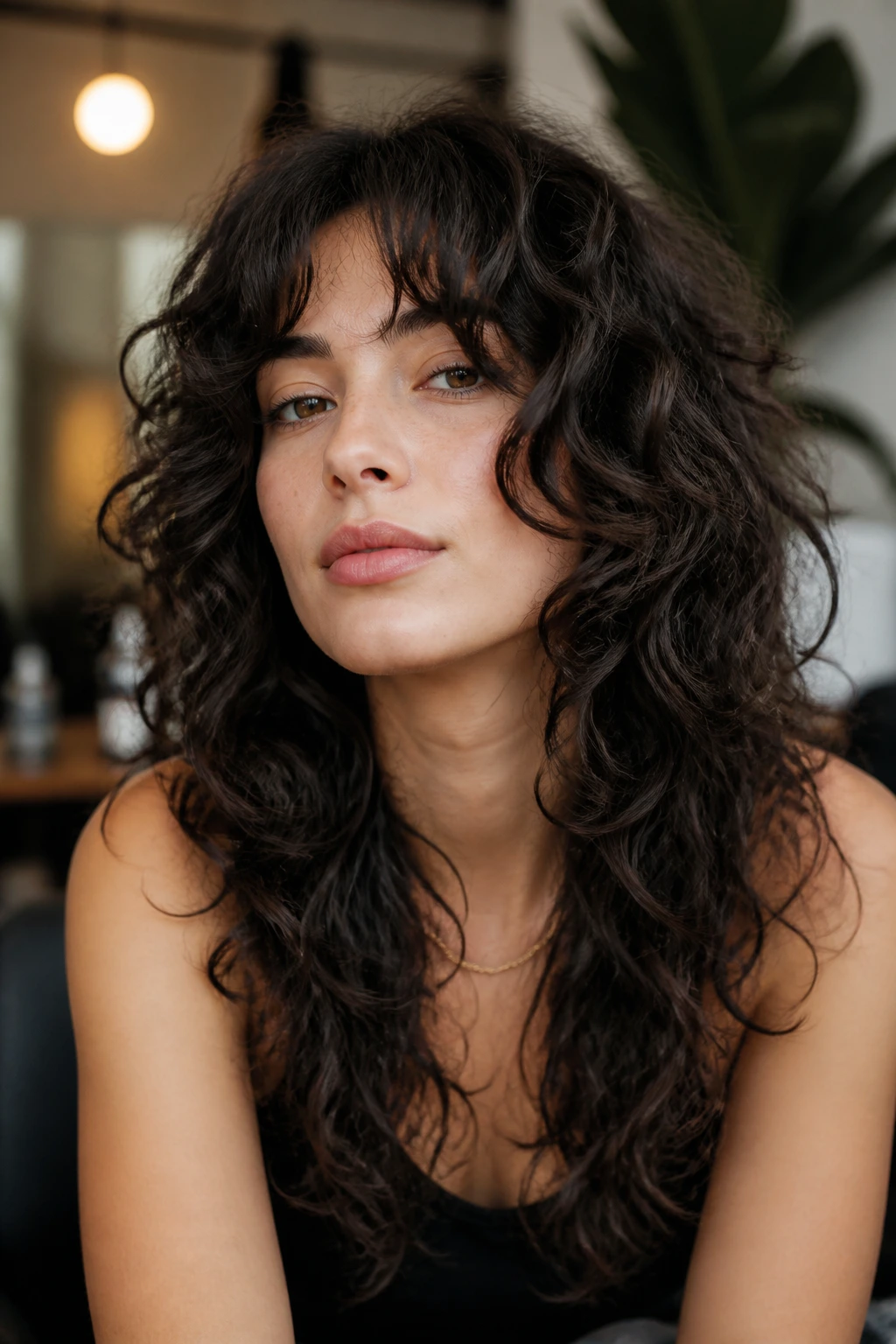 Portrait of woman with butterfly-layer curly shag