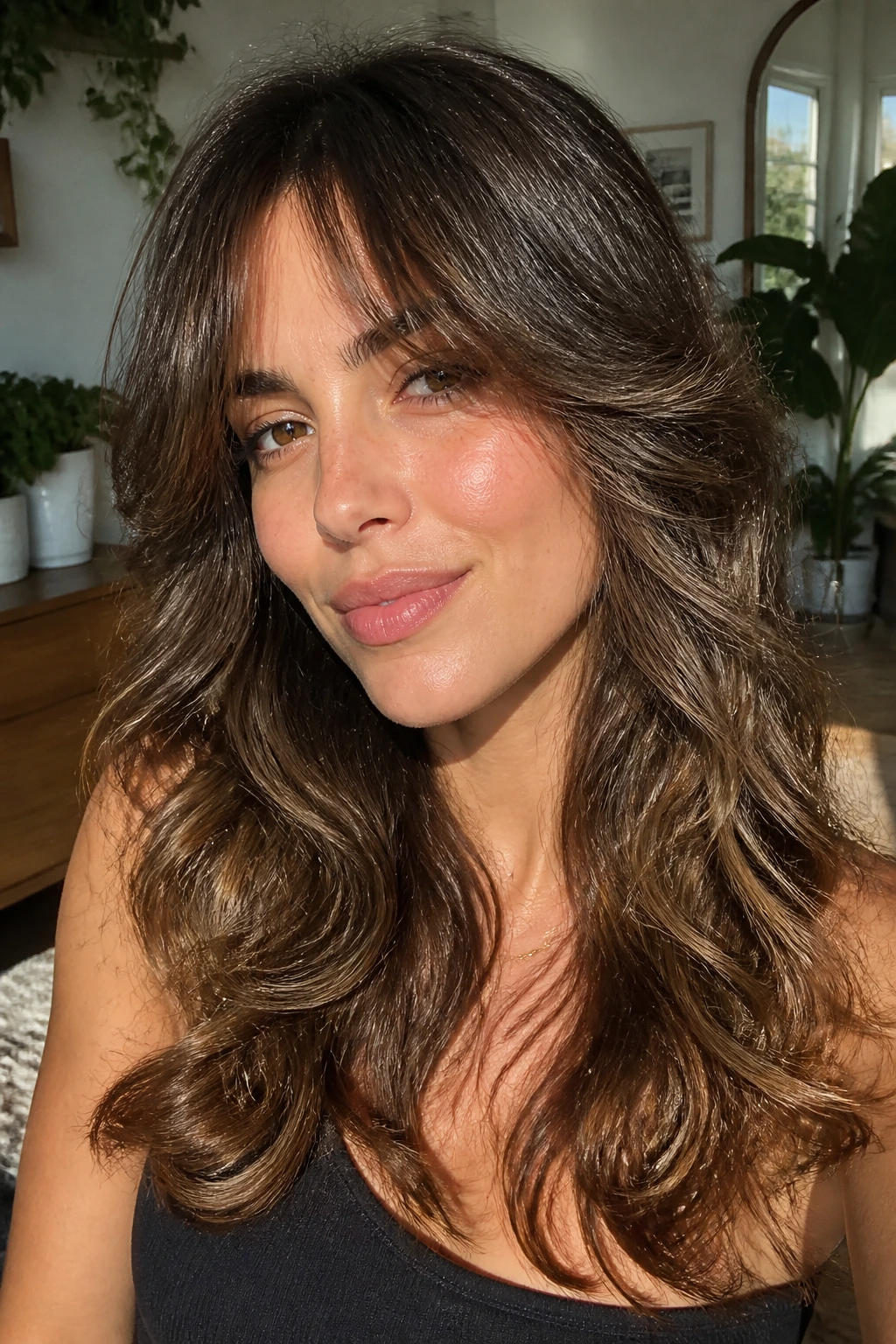 Close-up of a woman with butterfly layers and airy center-part bangs