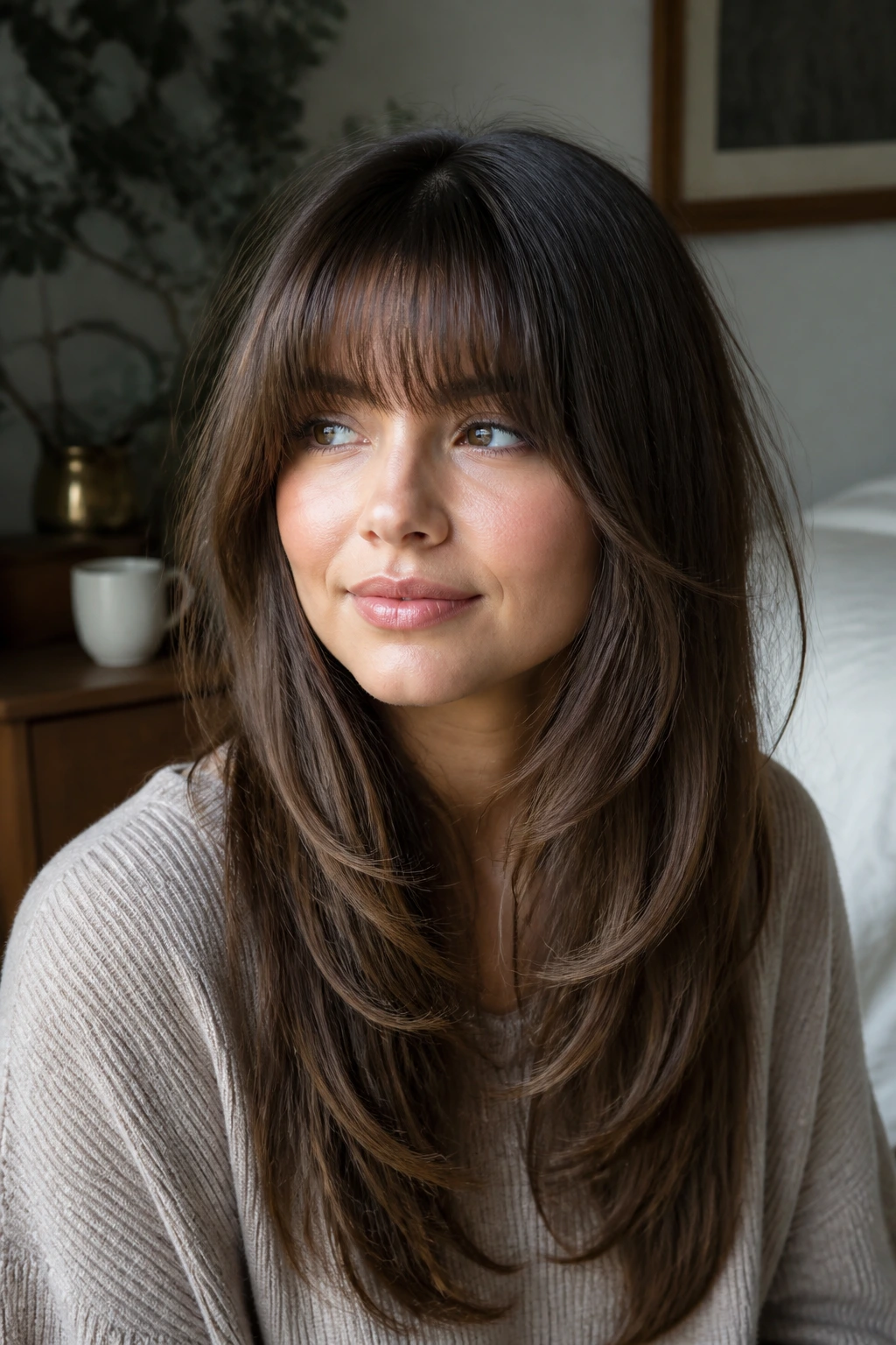 Head-and-shoulders of a woman with butterfly layers and airy full fringe