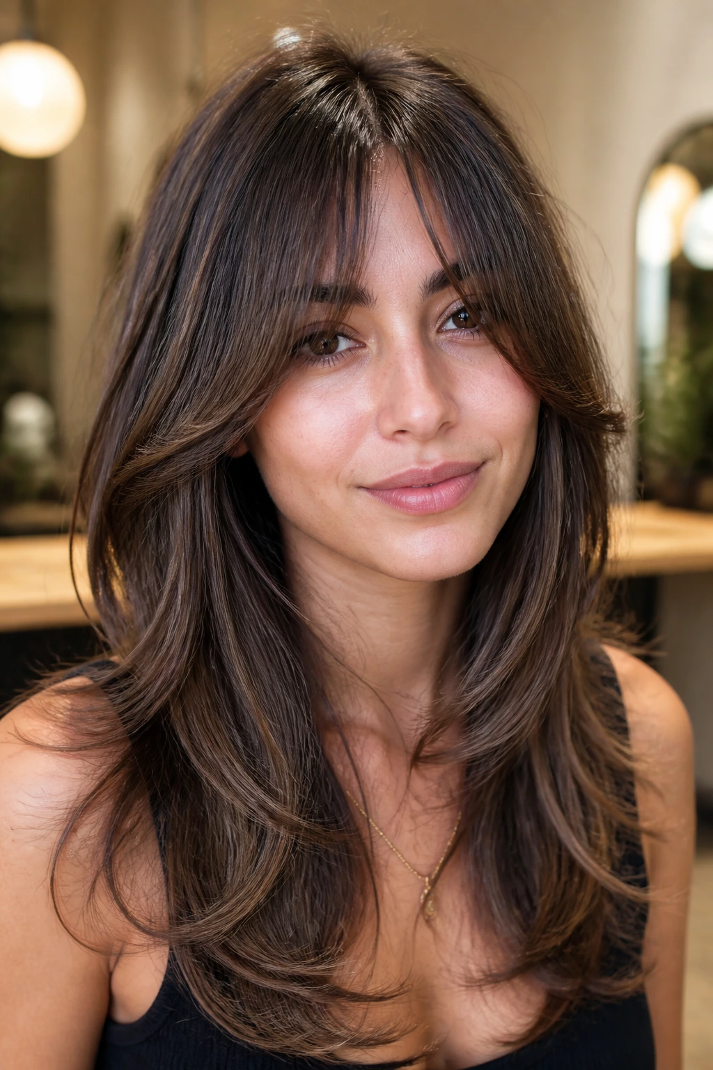 Real woman with butterfly-layer bangs folding into face-framing layers under warm light