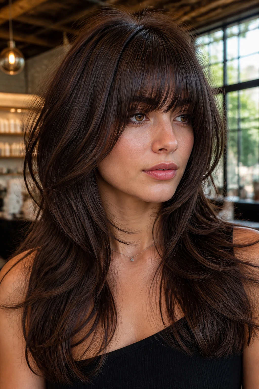 Close-up portrait of a real woman with butterfly layers and full bangs in warm window light