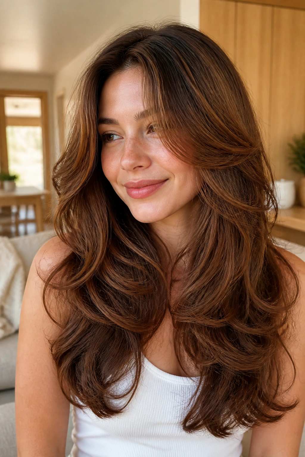 Portrait of a person with butterfly layering and barrel curls framing the cheeks