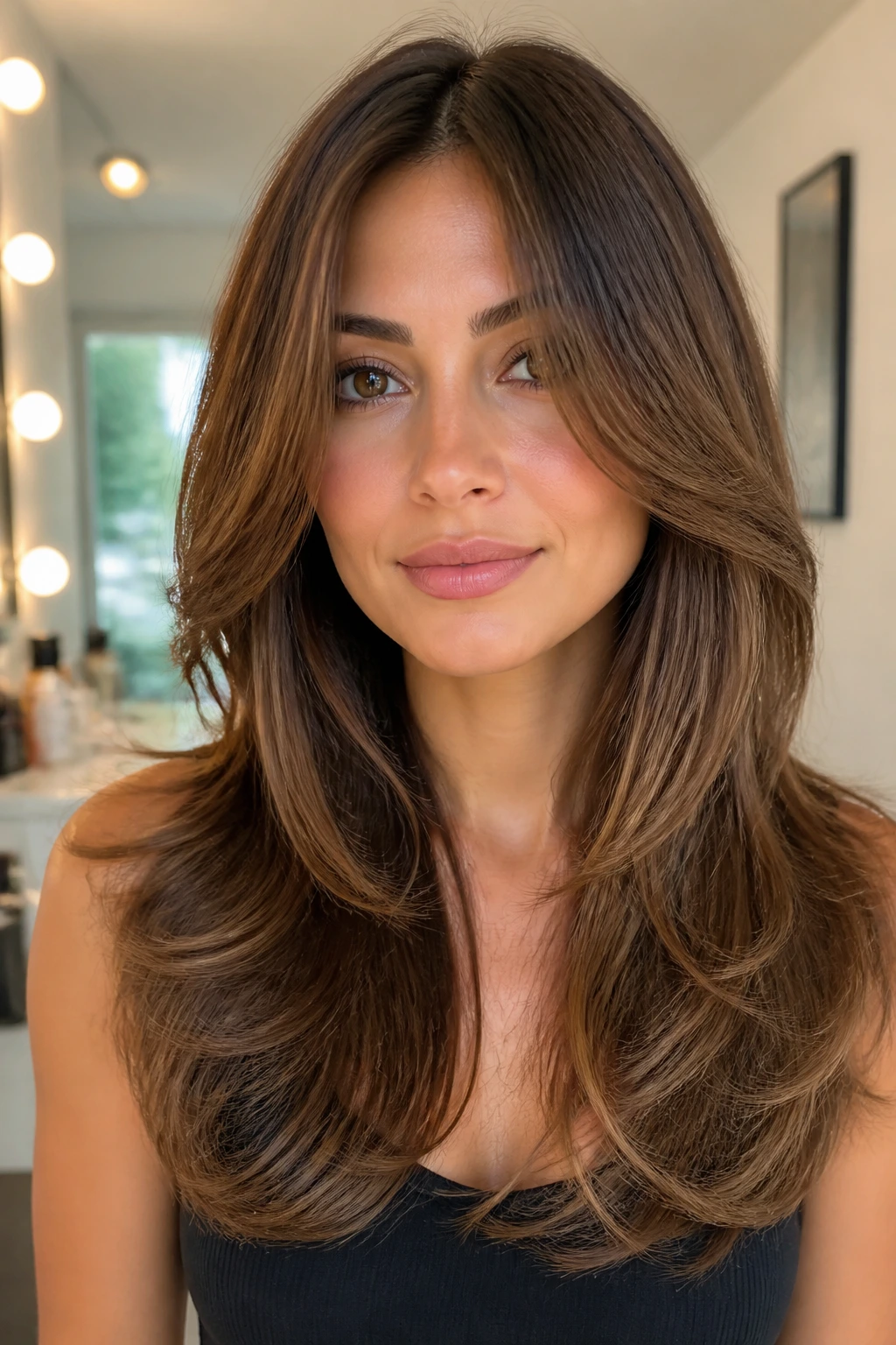 Portrait of a real woman with butterfly layers and a soft blowout