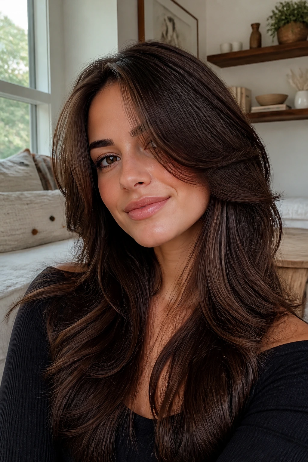 Close-up of a real woman with butterfly layers on long brunette hair framing the face.