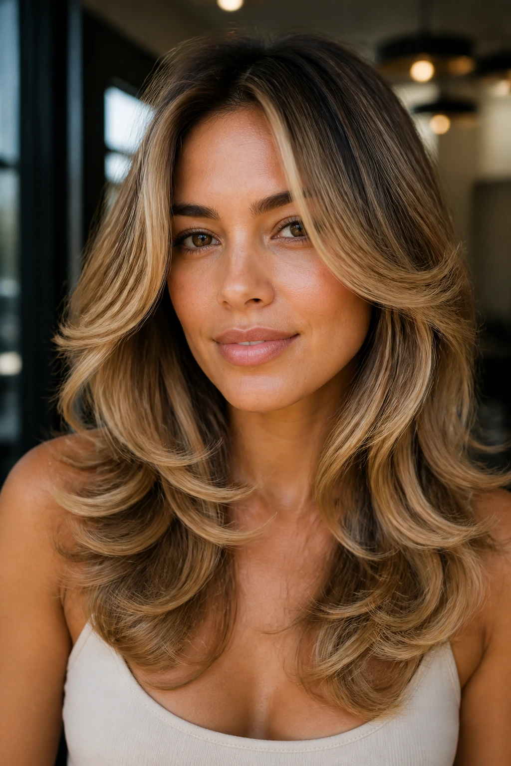 Close-up of a woman with butterfly layers and caramel contour on medium skin under soft window light