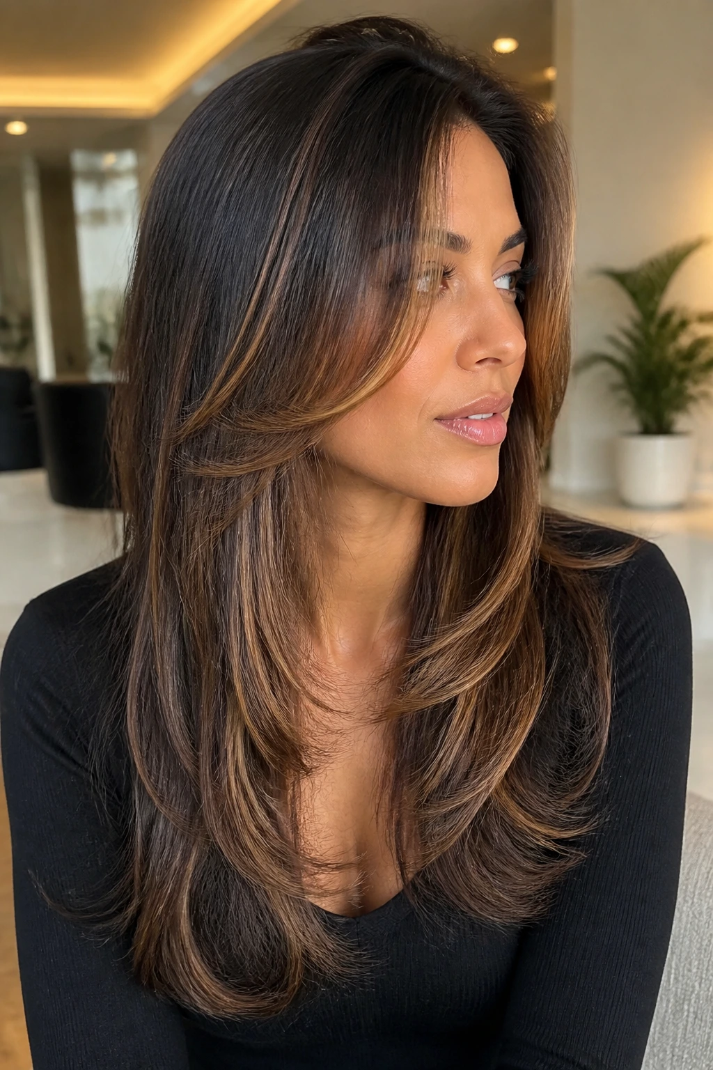 Close-up of butterfly layers with face-framing caramel highlights on a real woman