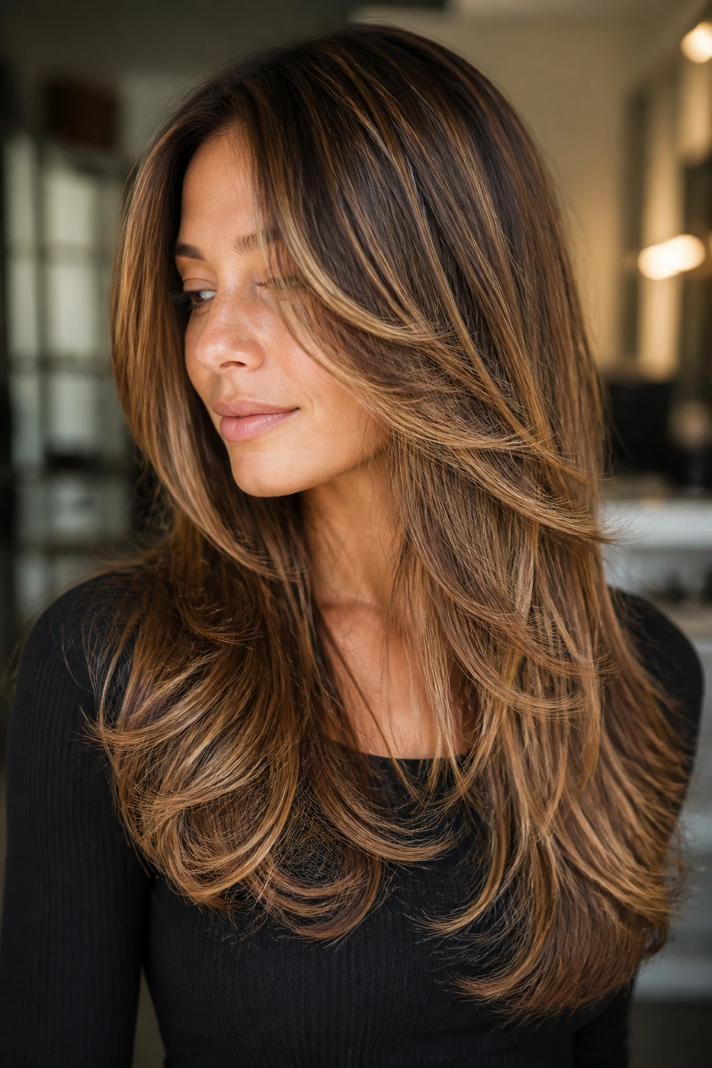 Close-up of butterfly layered hair with caramel ribbons for fullness