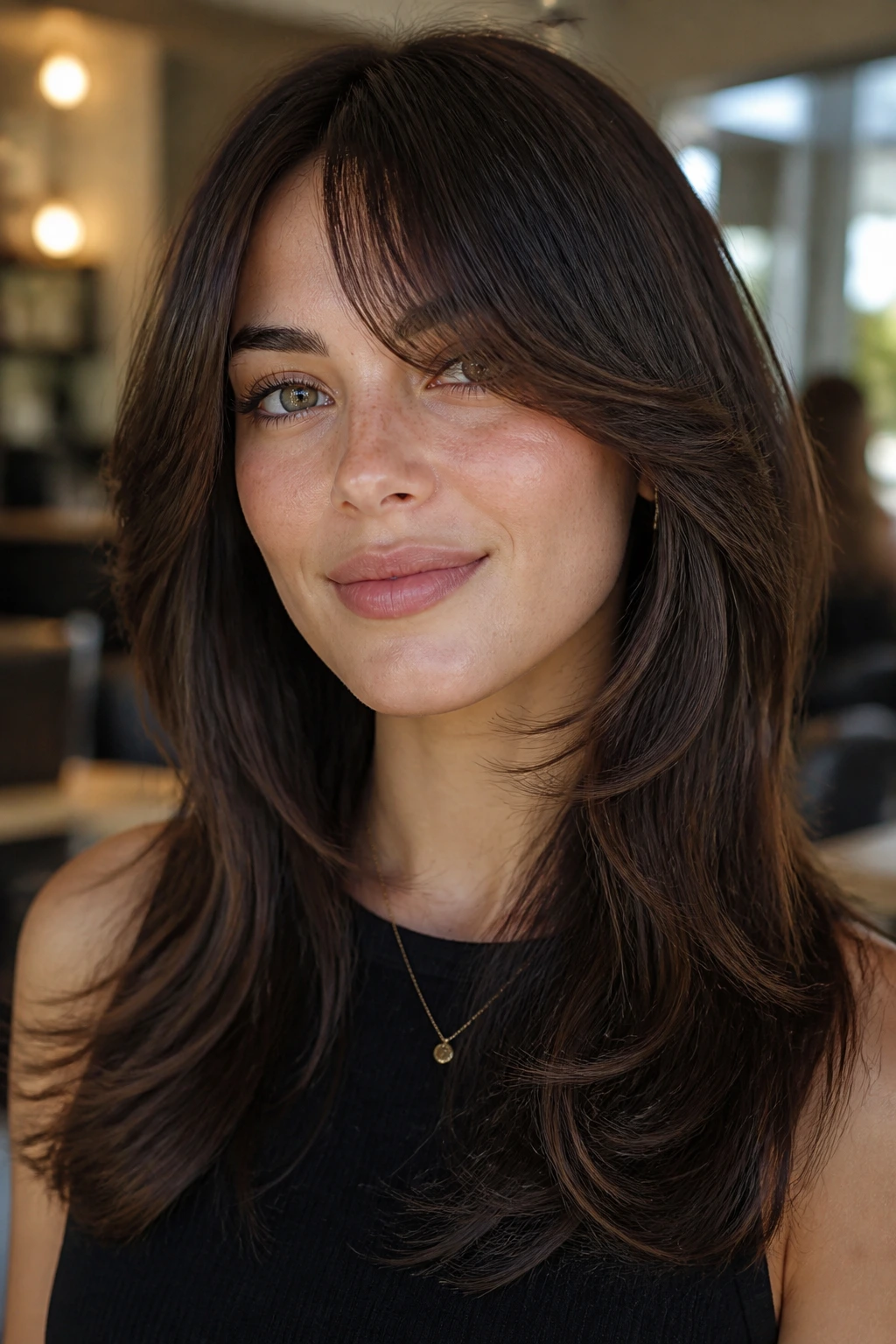 Real woman with butterfly layers starting below cheekbone