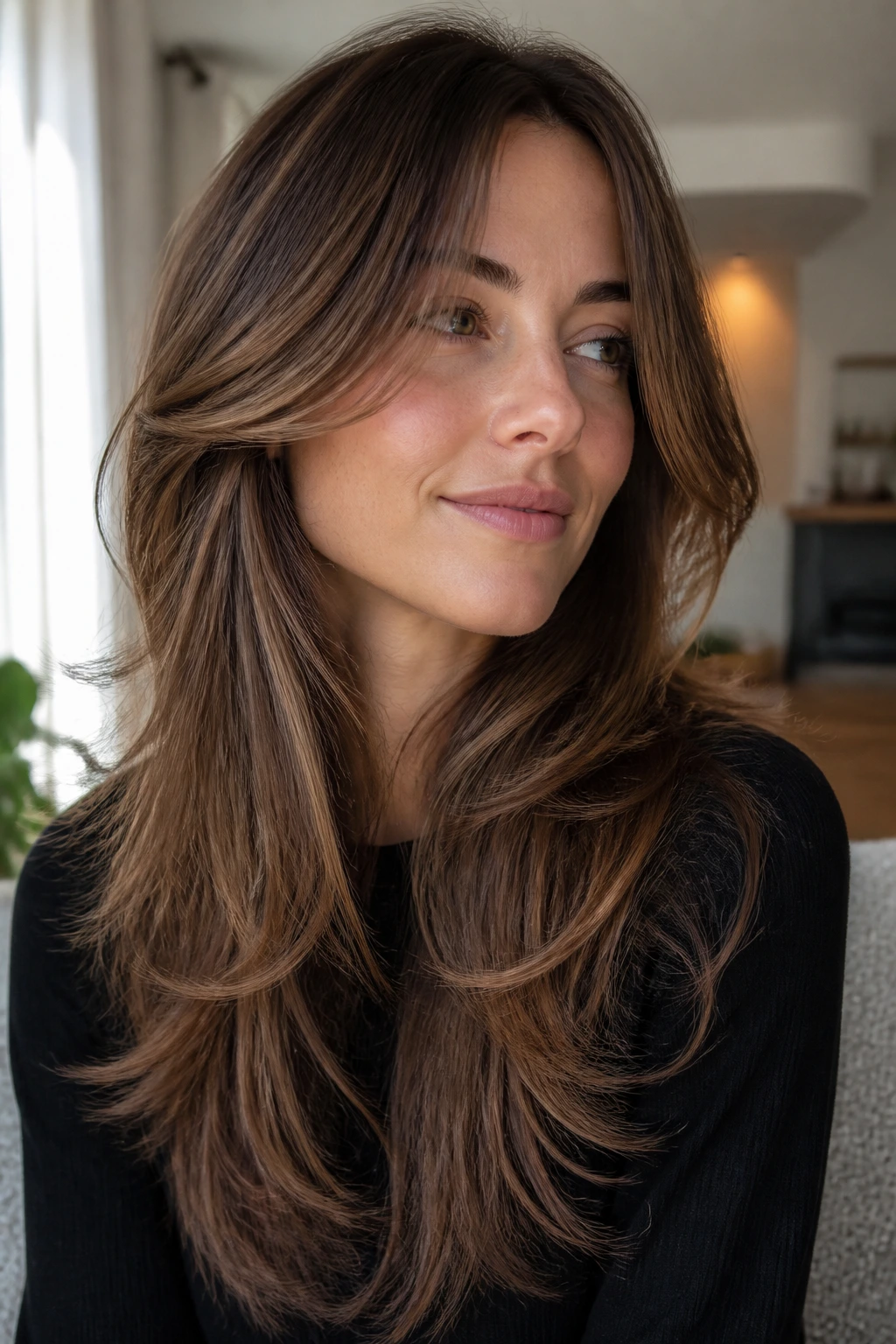 Real woman with soft feathered layers around face and cheekbone lift.