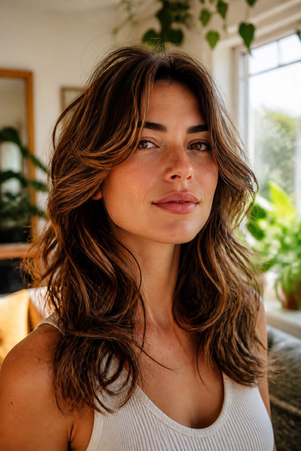 Portrait of a woman with butterfly layers around the cheekbones