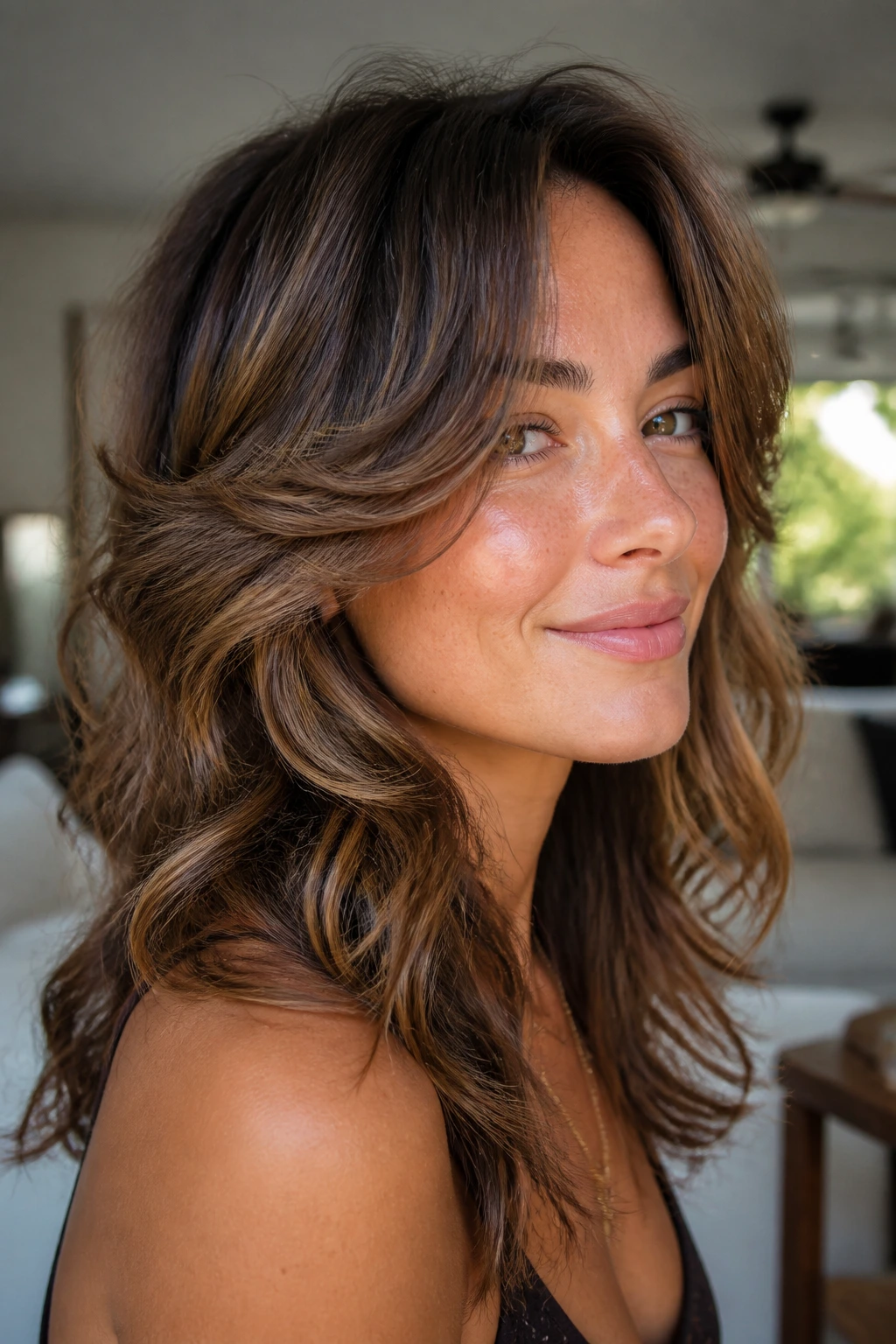 Close-up portrait of woman with butterfly layers around the cheeks