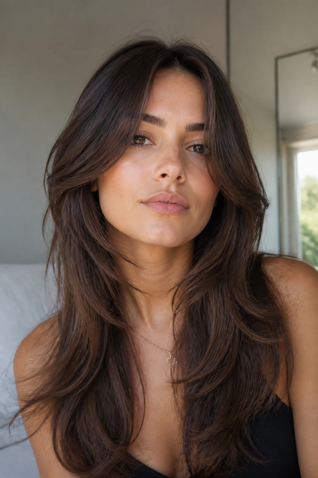 Close-up of a real woman showing butterfly layers around cheeks and chest-length hair.