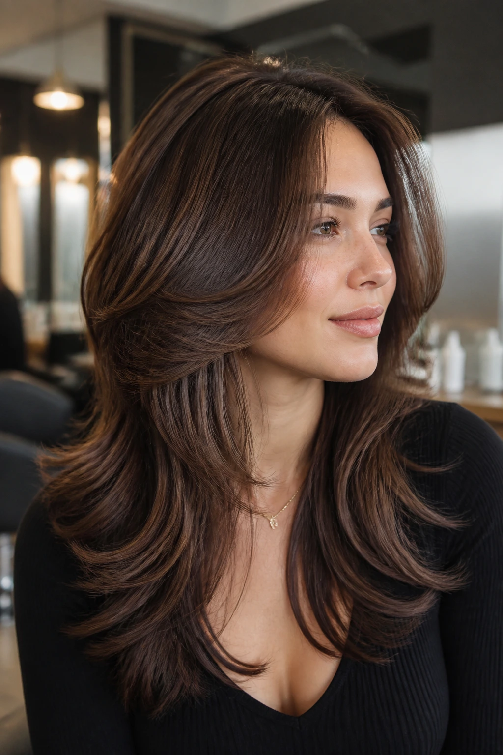Close-up showing butterfly layers and chin-long front pieces on a real person.