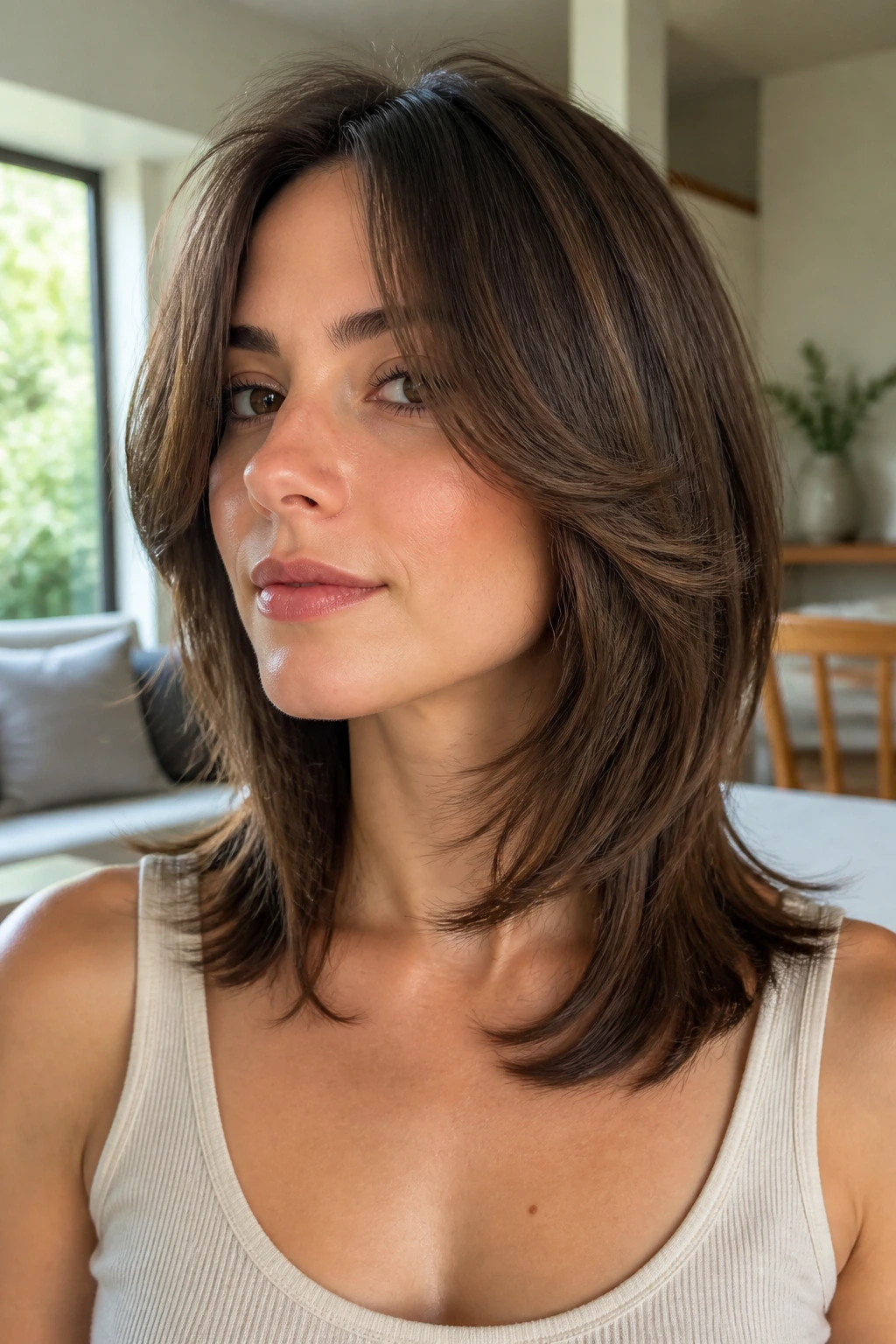 Woman with butterfly layers skimming the collarbone close-up