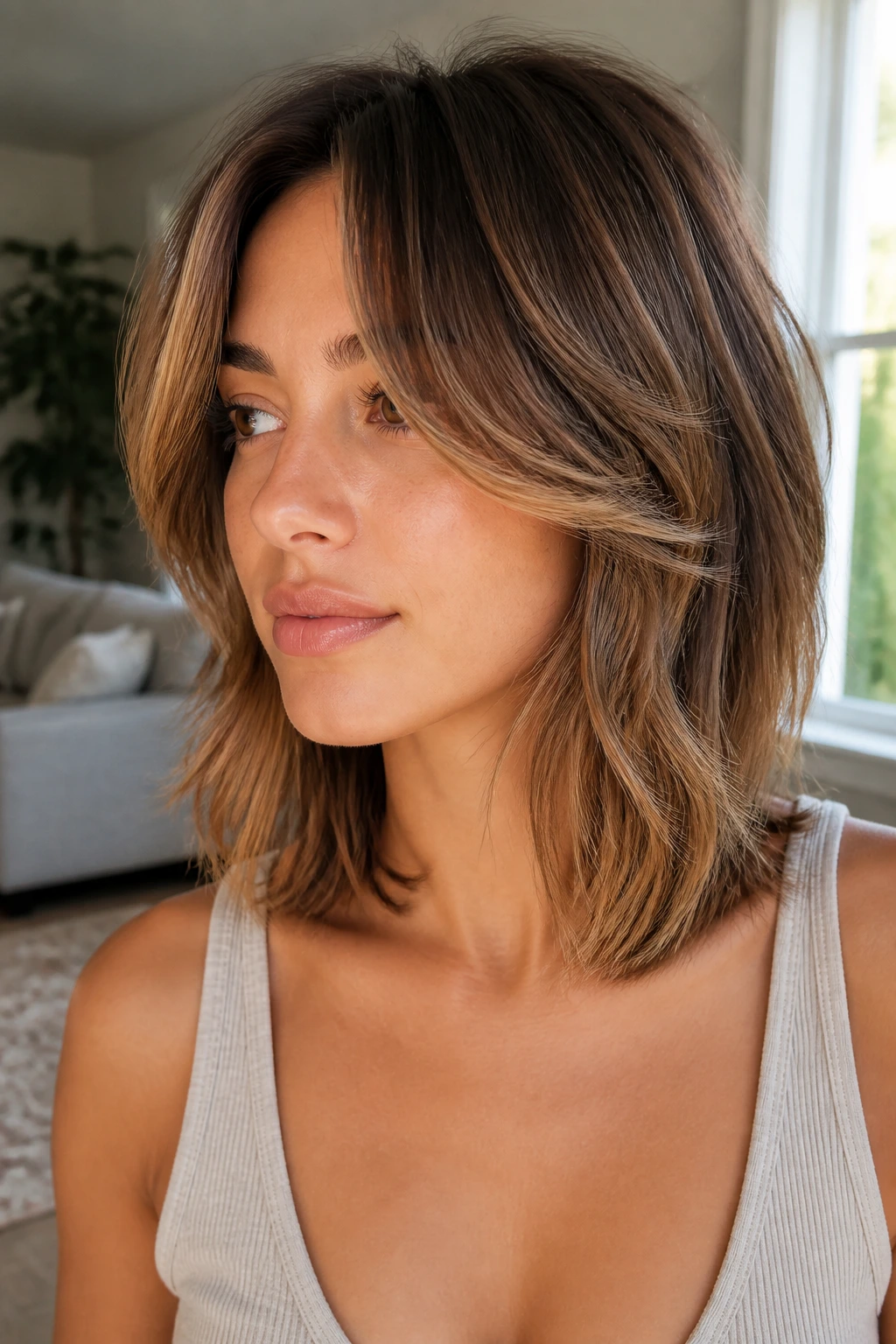 Close-up of a real woman with butterfly layers at collarbone length
