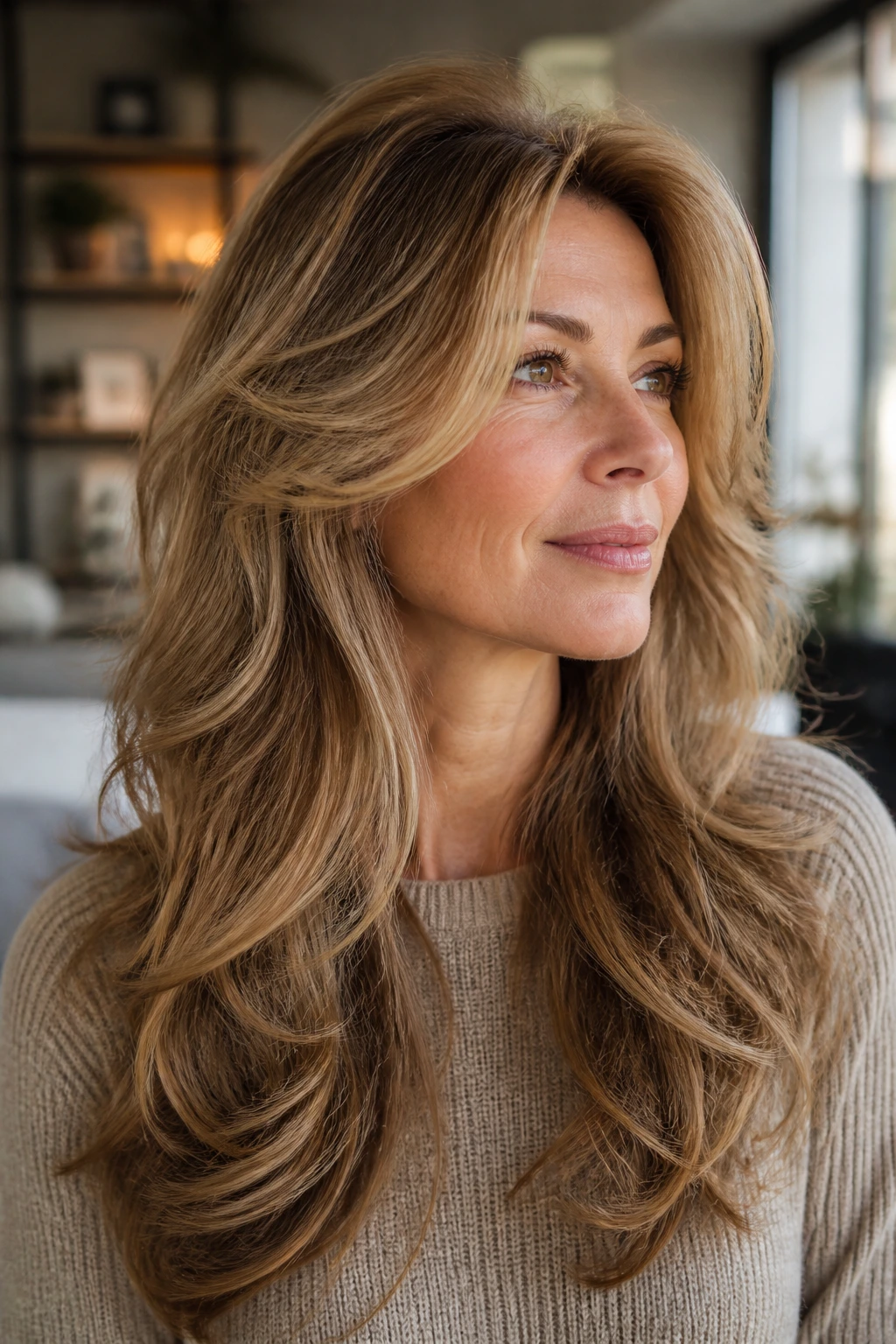 Woman with butterfly layers creating crown lift and soft waves
