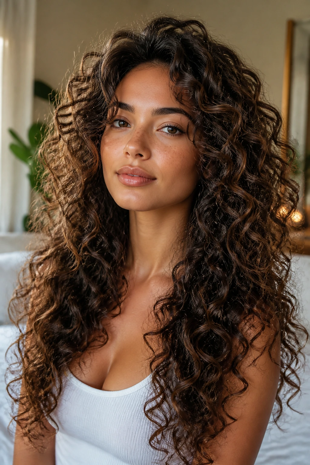 Close-up portrait of a real woman with butterfly layers around the crown and longer underneath in warm bedroom light
