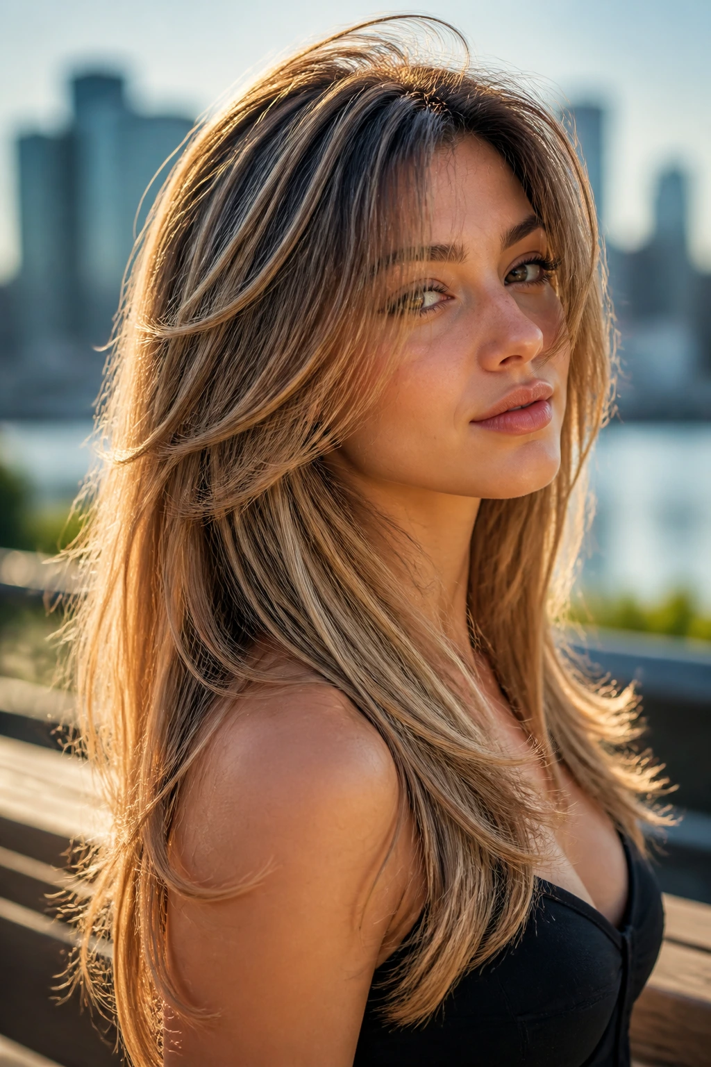 Portrait of a real person with butterfly layers and crown lift in outdoor golden hour light.