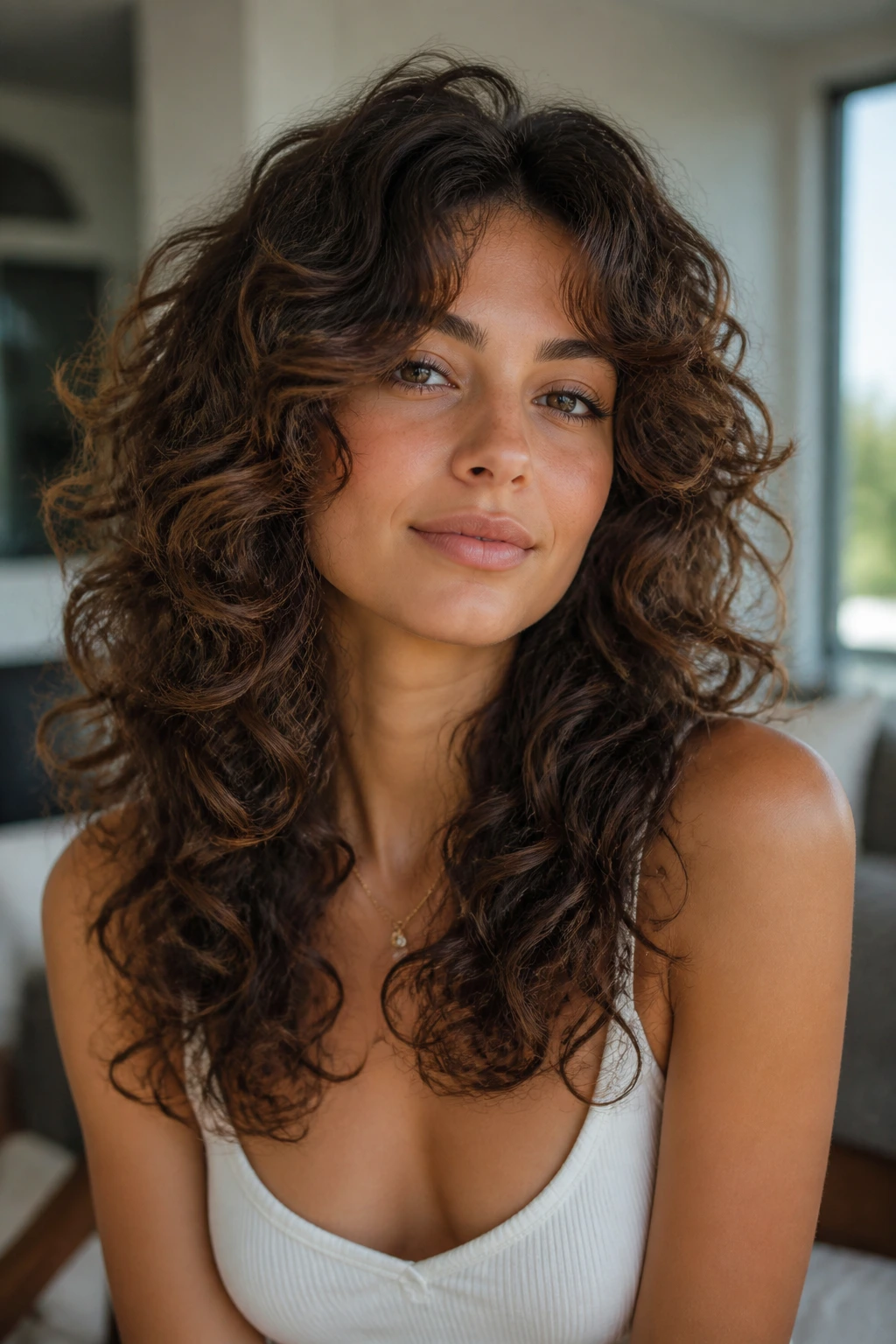 Real woman with butterfly layers curling around her face