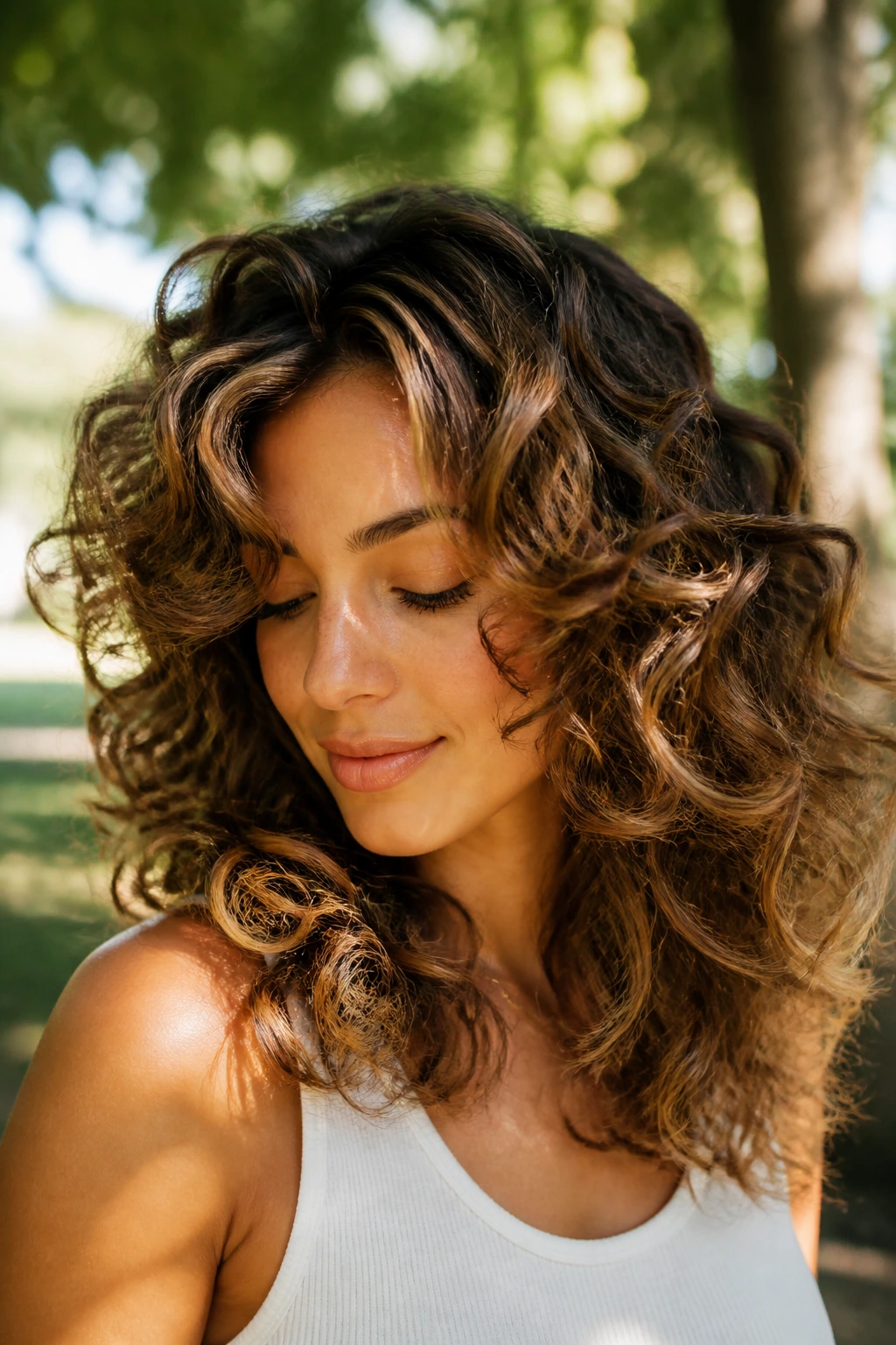 Close-up of a real woman with butterfly layers floating at the crown in a sunny outdoor setting
