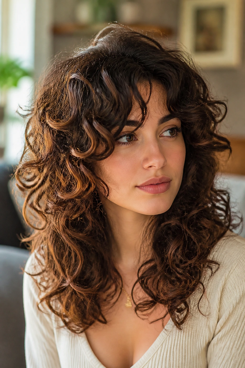 Close-up of a real woman with butterfly layers in curly hair, crown lift and cheekbone framing