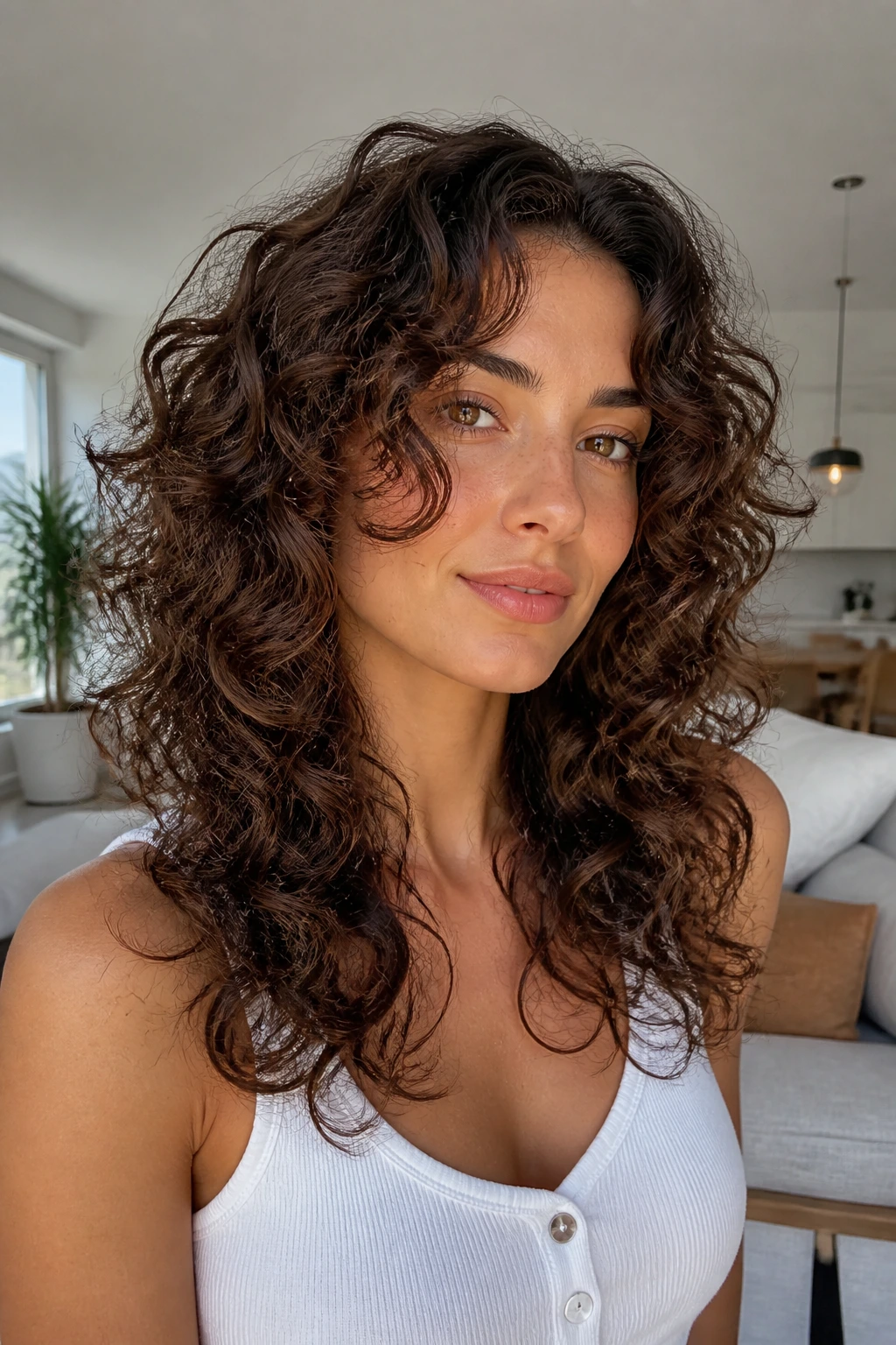 Real person with butterfly layers on curly hair, showing shorter front layers and longer back to frame the face.